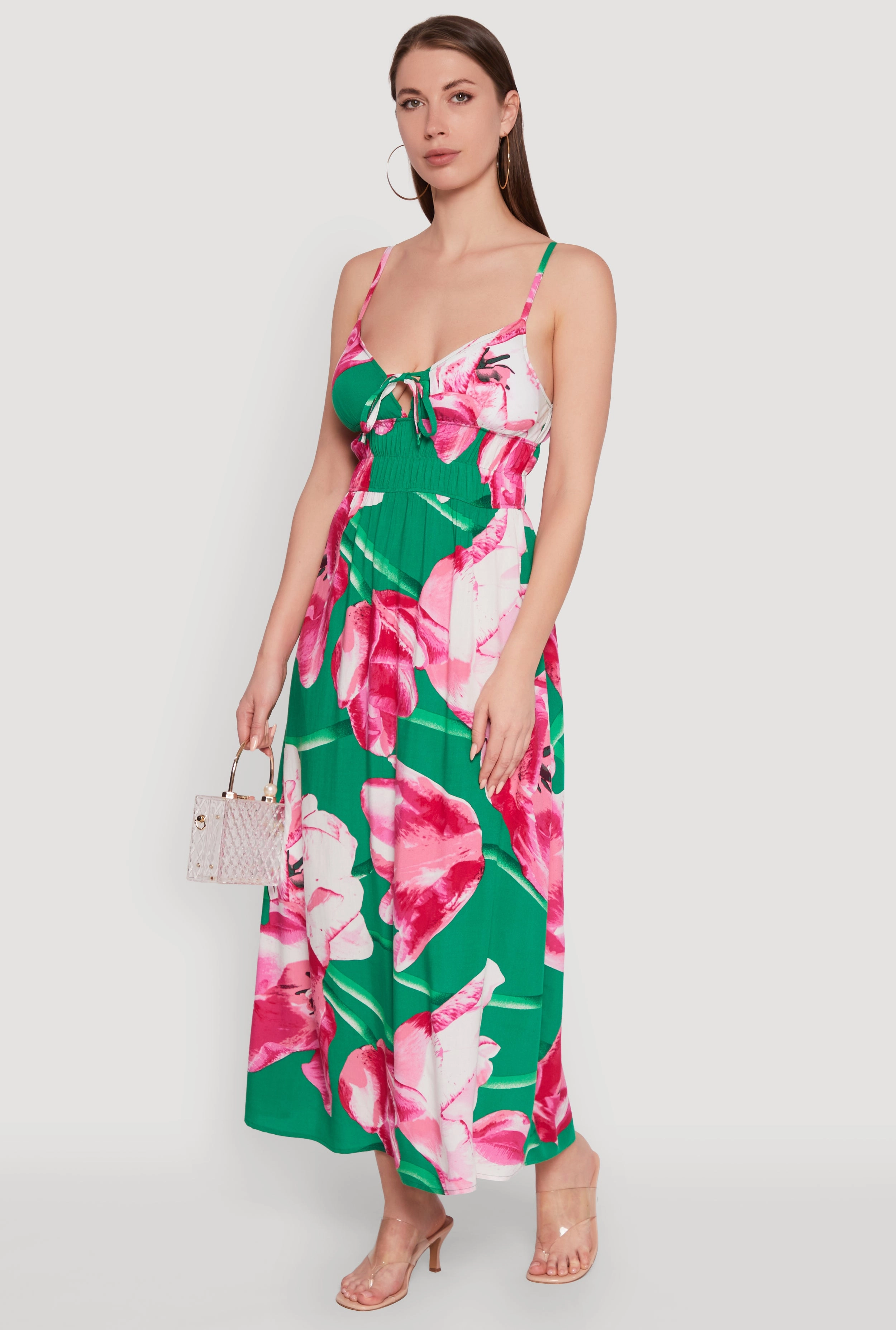 Day To Night Floral Sleeveless Sundress with Tie Front and Sweetheart Neckline