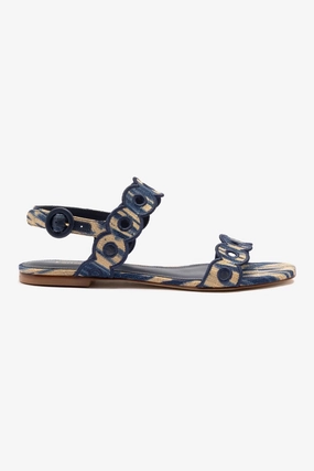Florence Broderie Flat Sandal In Tie Dye Beige and Navy Raffia Client Meet