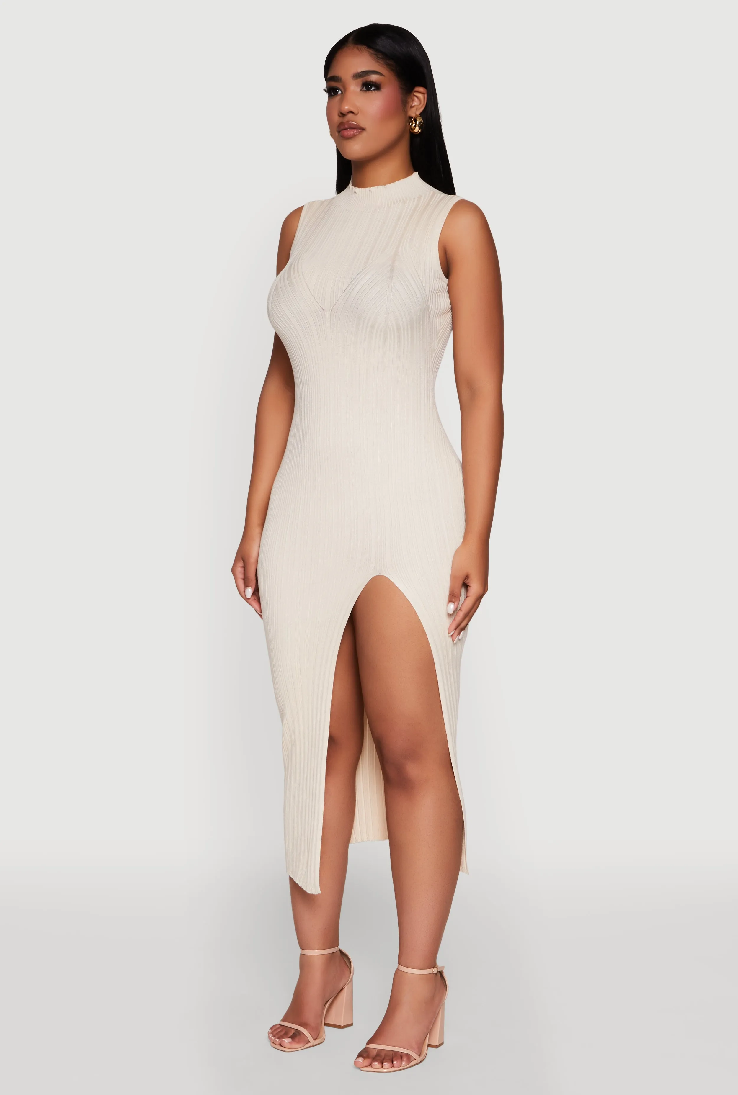 Simple Style Madden Girl Sleeveless Bodycon Dress with Mock Neck and Side Slit