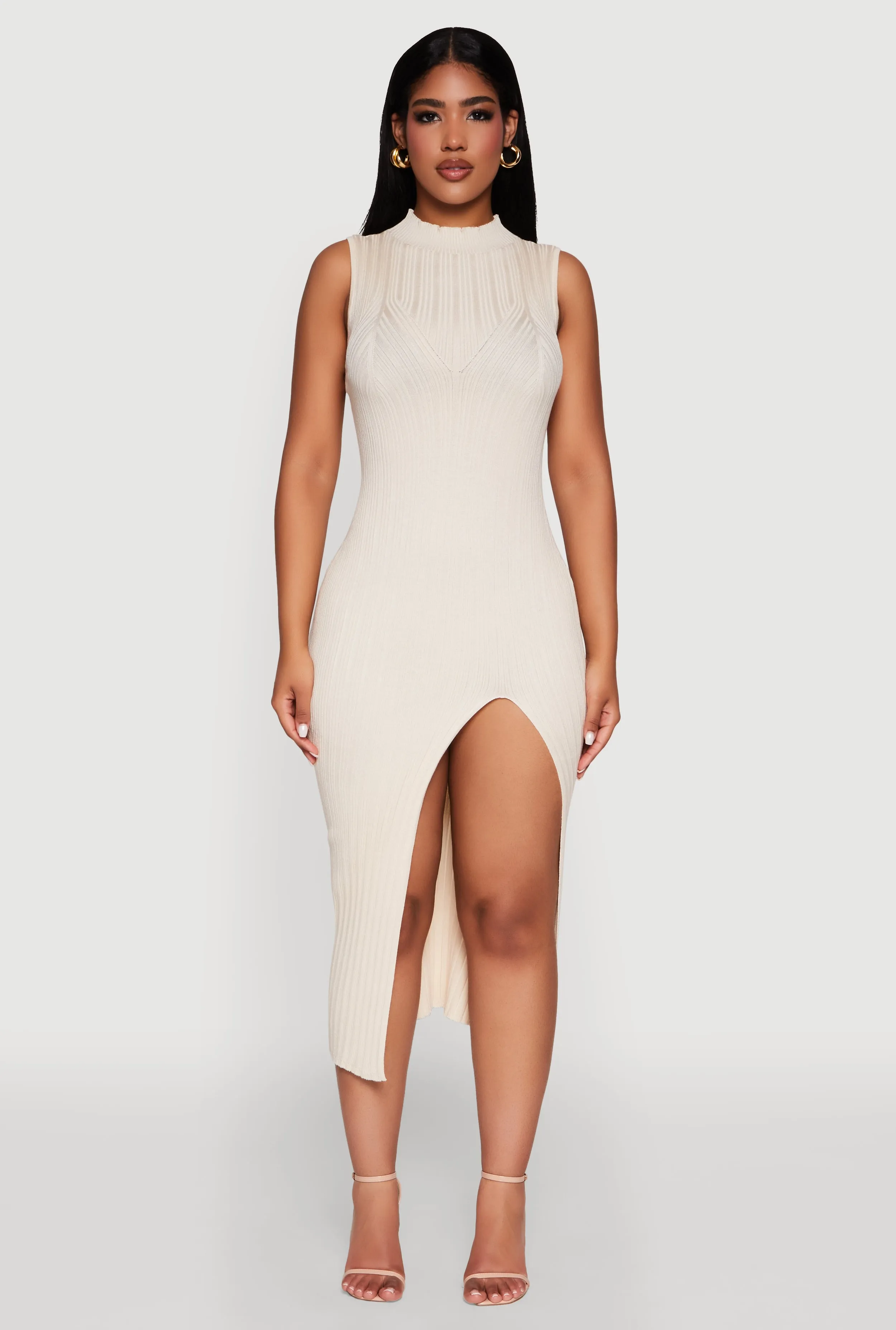 Madden Girl Sleeveless Bodycon Dress with Mock Neck and Side Slit Simple Shape Soft Motion
