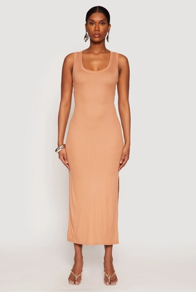 Air Beauty Ribbed Knit Side Slit Tank Dress