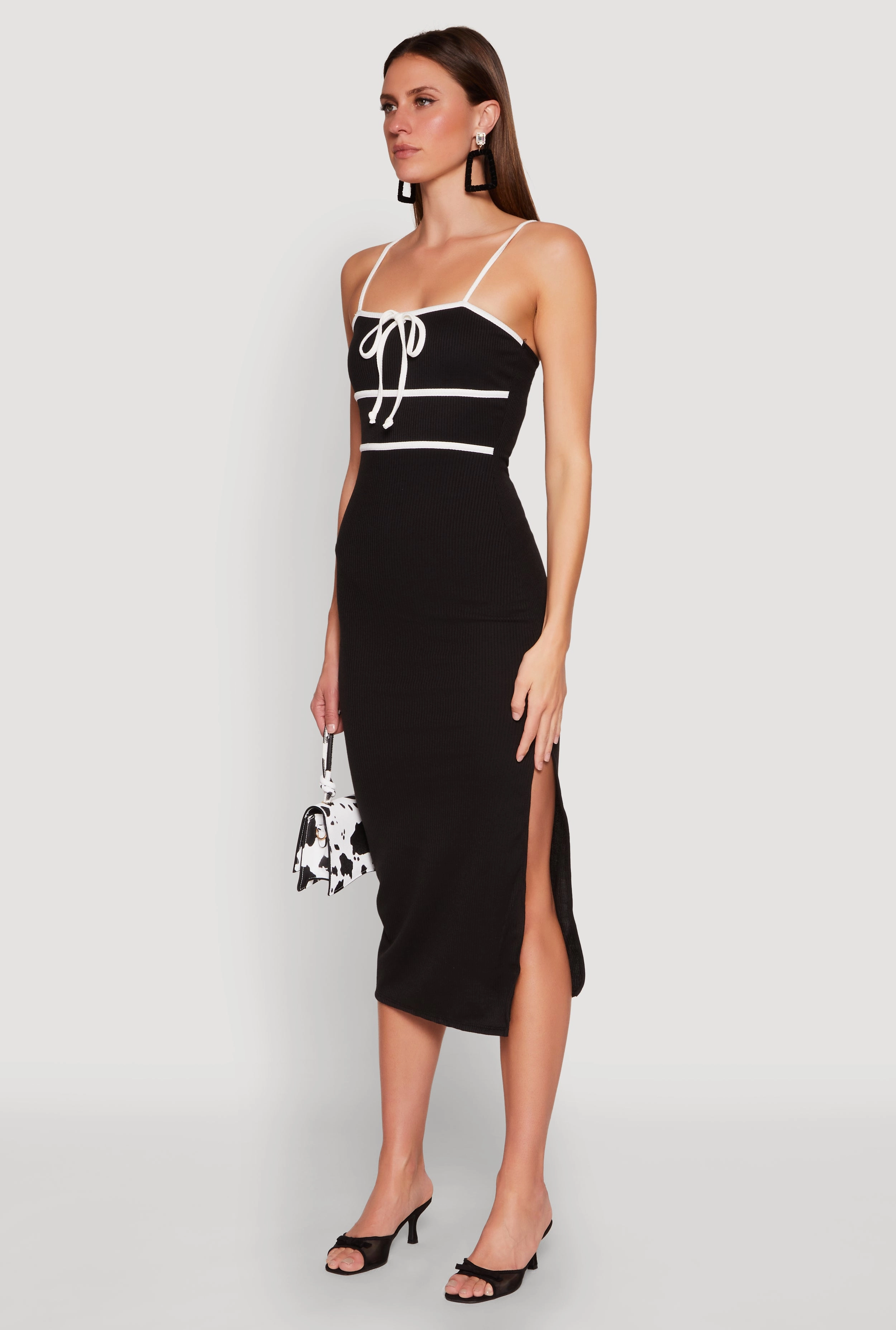 Contrast Trim Tie Front Side Slit Dress Tiered-Skirt
