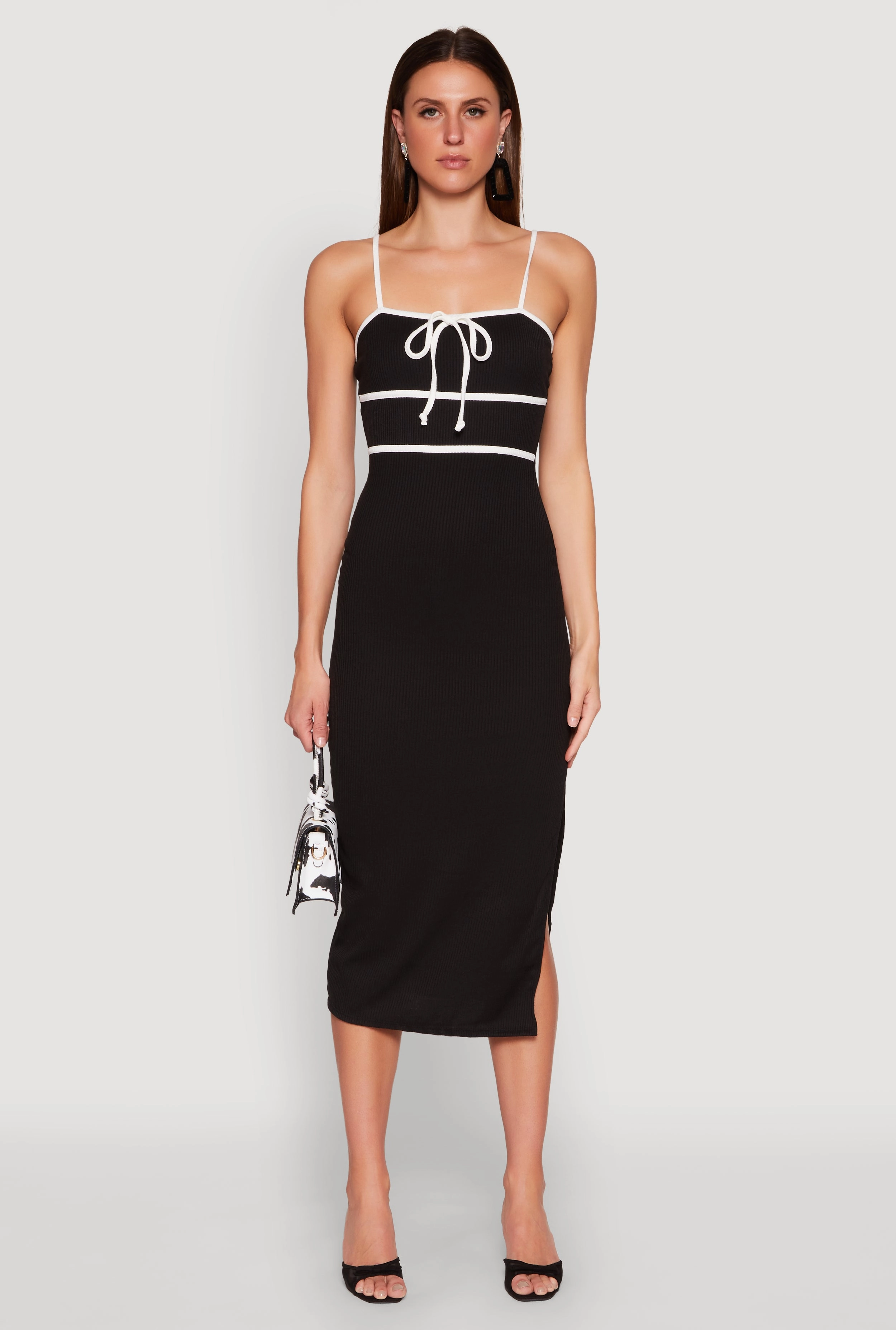 Evening Vibe Natural Fit Contrast Trim Tie Front Side Slit Dress