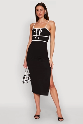 Relax Comfort Contrast Trim Tie Front Side Slit Dress