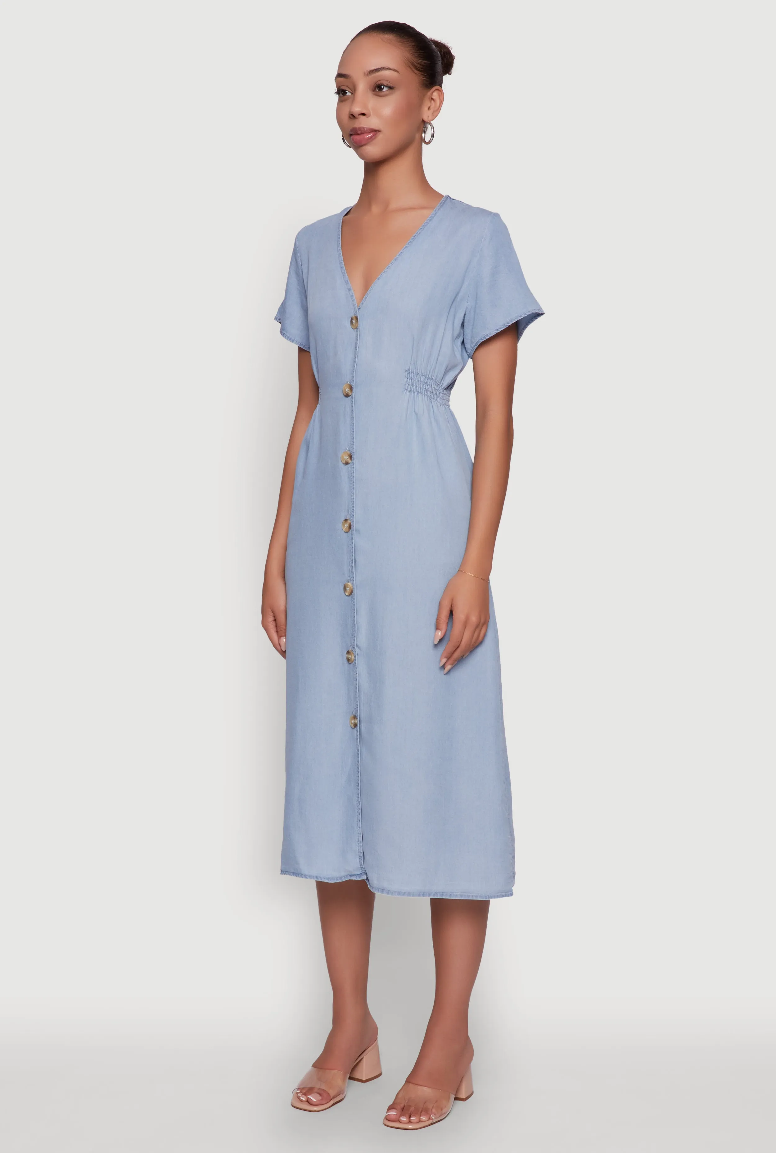 Chic Short Sleeve V-Neck Shirt Dress with Button Front One Piece Look Polished Fit