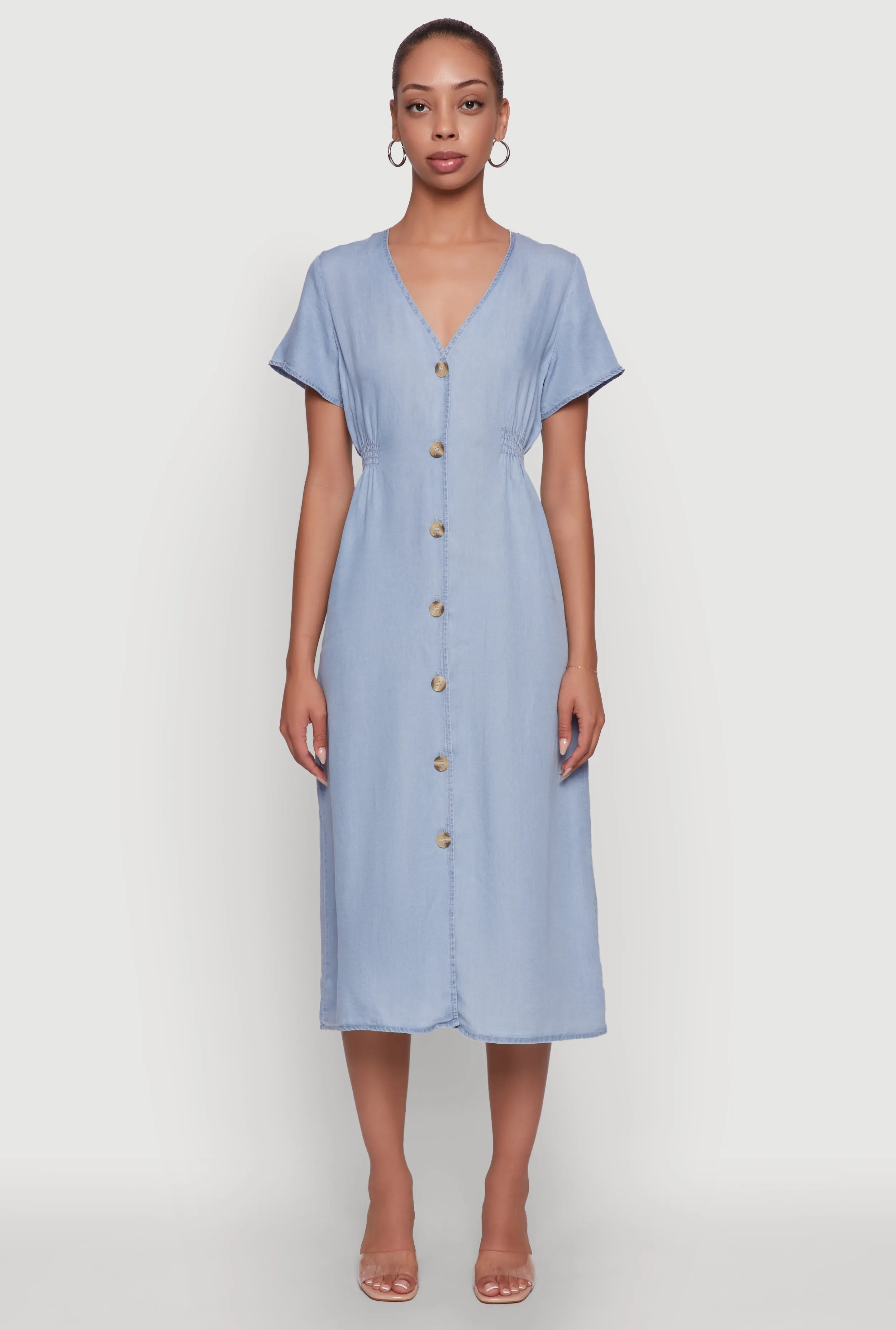 Shine Skin Chic Short Sleeve V-Neck Shirt Dress with Button Front