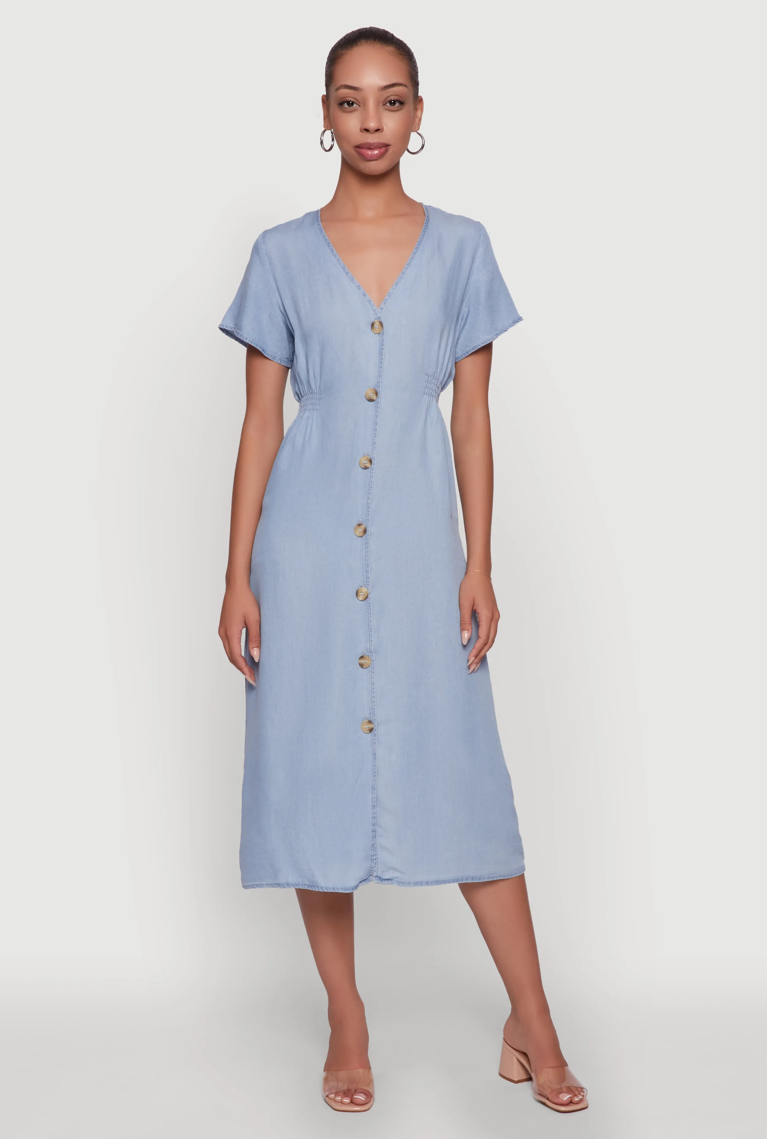 Elastic-Cuff Chic Short Sleeve V-Neck Shirt Dress with Button Front