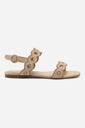 Torsion Stability Florence Broderie Flat Sandal In Natural Raffia and Hazelnut Trimming