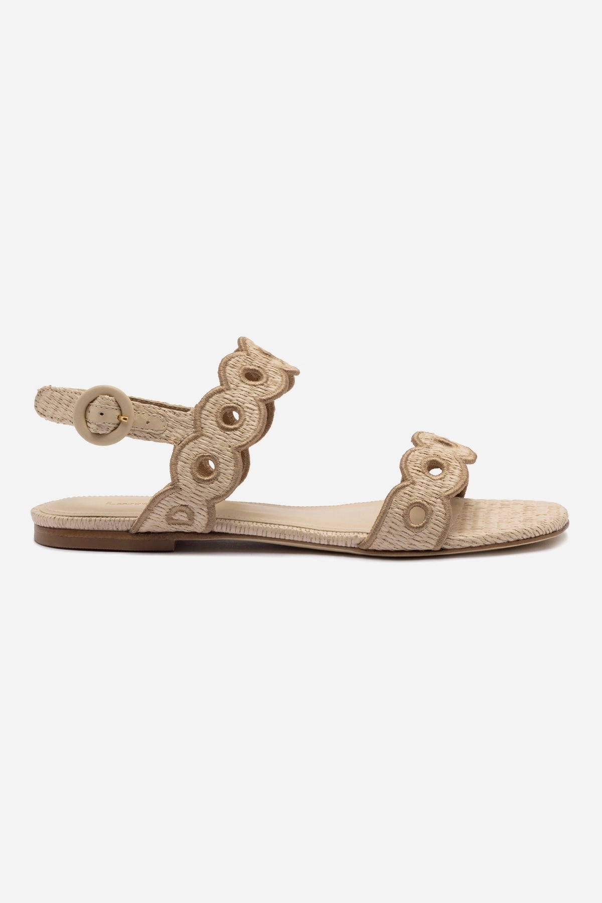 Torsion Stability Florence Broderie Flat Sandal In Natural Raffia and Hazelnut Trimming