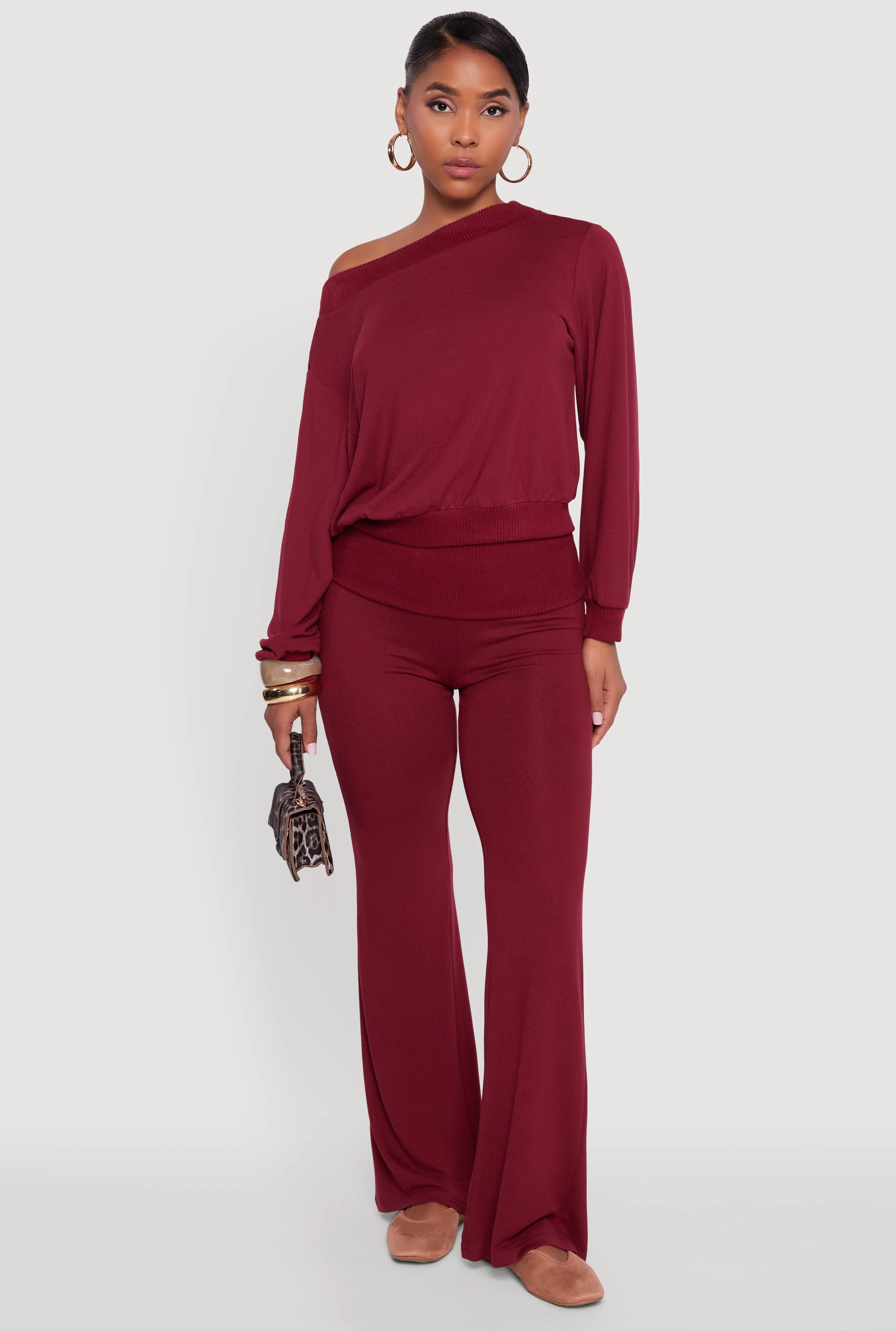 Thick Beaded Off The Shoulder Long Sleeve Pullover Sweatshirt