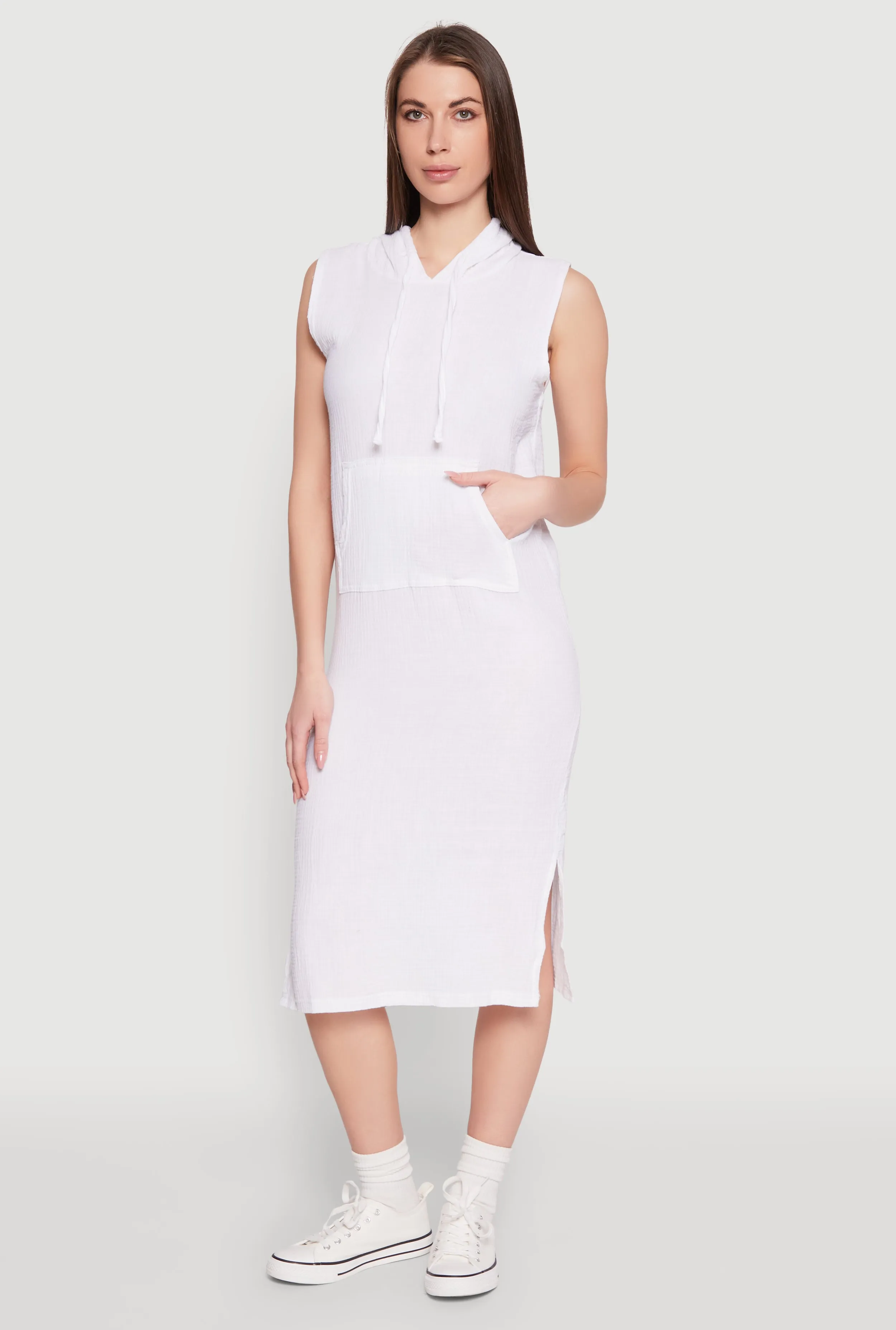 Gauze Knit Hooded Tank Dress Matte Look Buckle-Detail