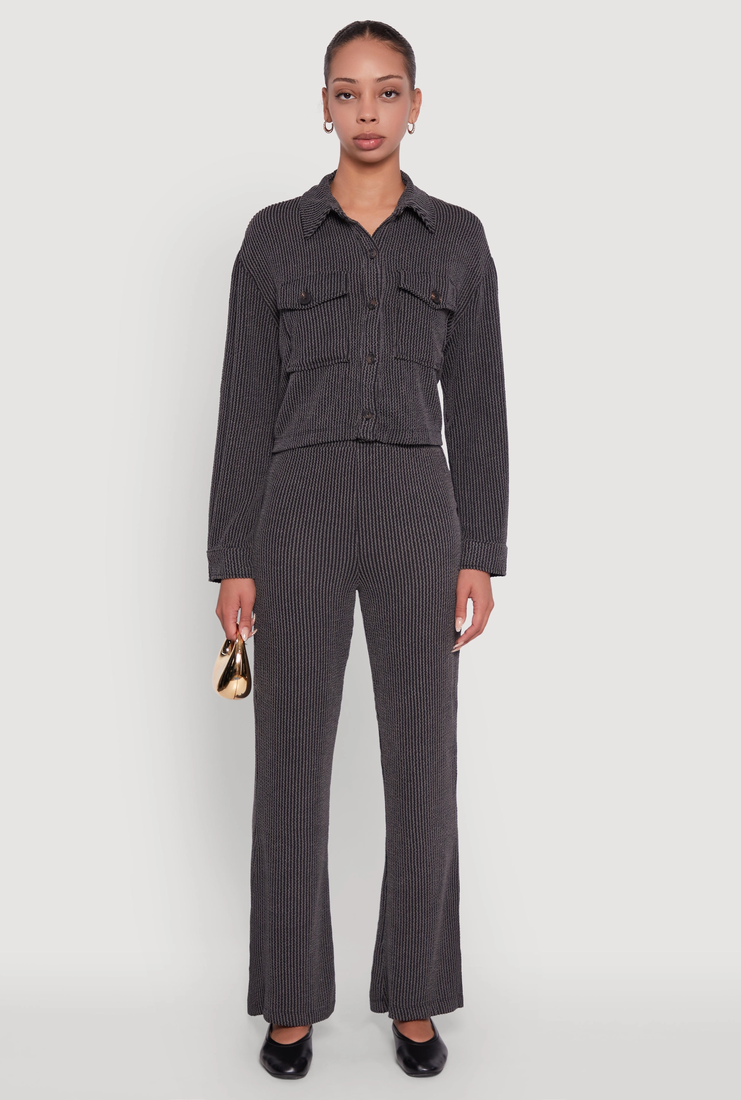 Replace Rib Knit Shadow Stripe Button Front Cropped Shirt