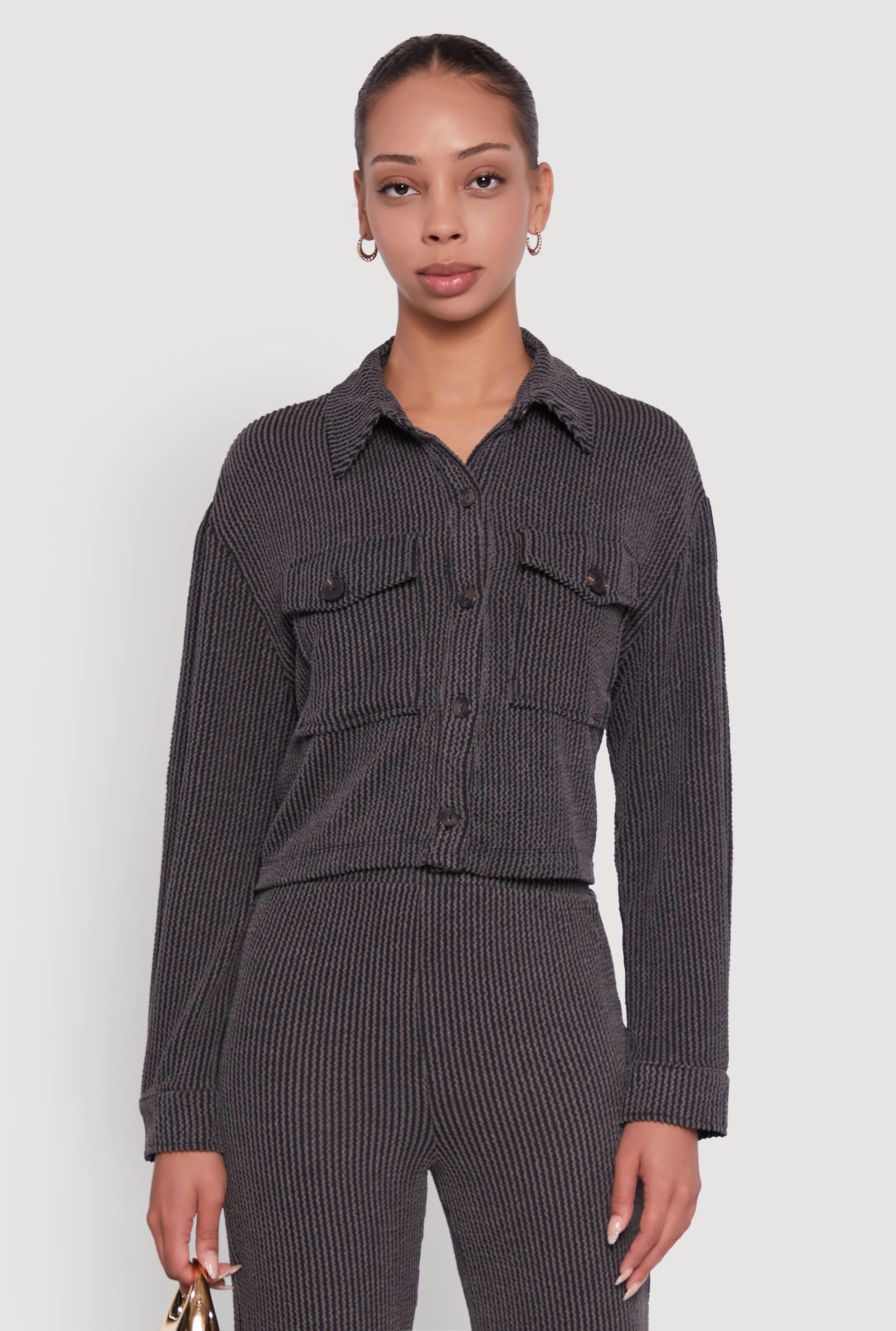 Rib Knit Shadow Stripe Button Front Cropped Shirt Satin Conditioner