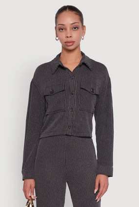 Rib Knit Shadow Stripe Button Front Cropped Shirt Satin Conditioner