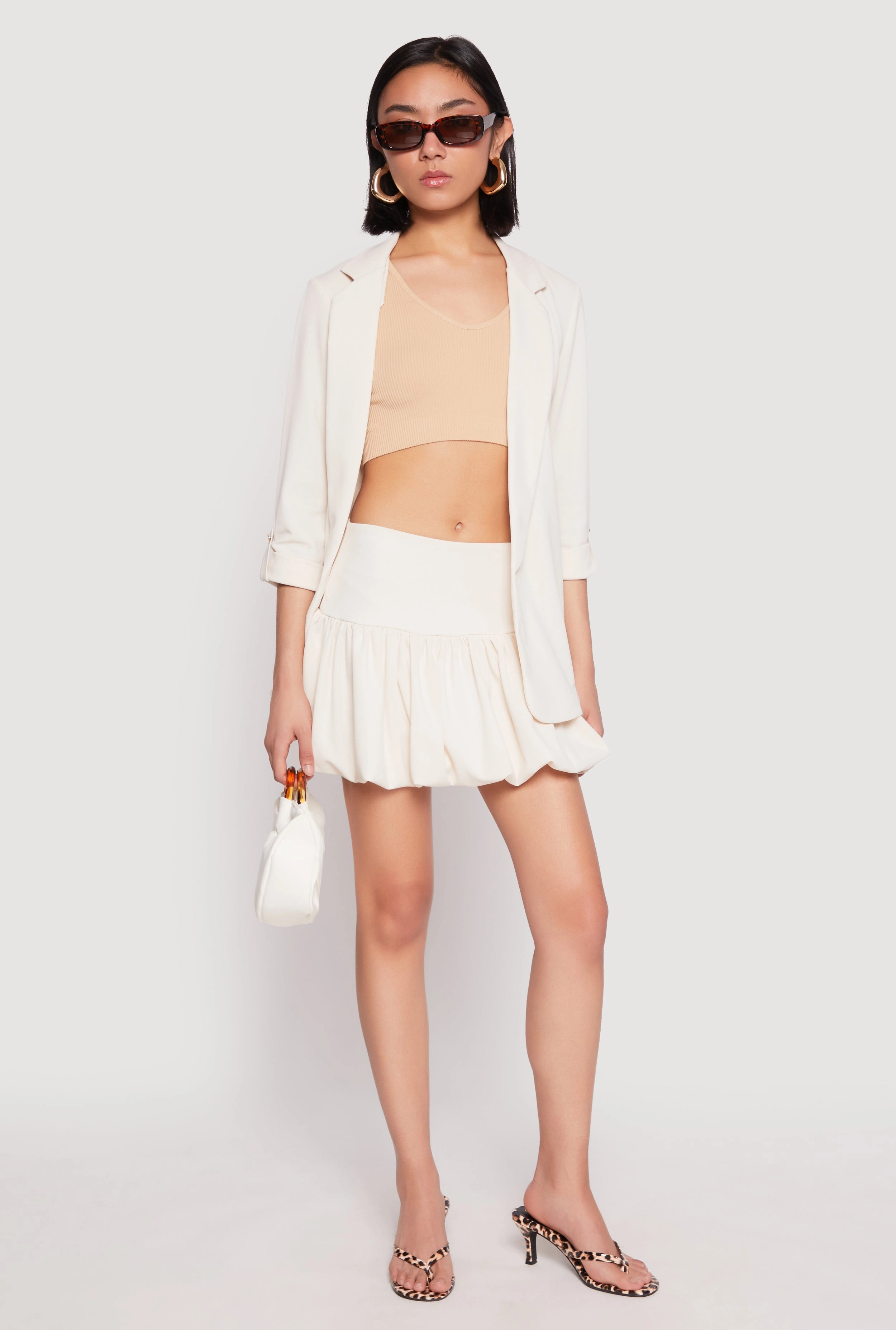Crepe Knit Waistband Mini Bubble Skirt Fold Over Design Style Preview