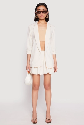 Crepe Knit Waistband Mini Bubble Skirt Classic Fit Shirred Back