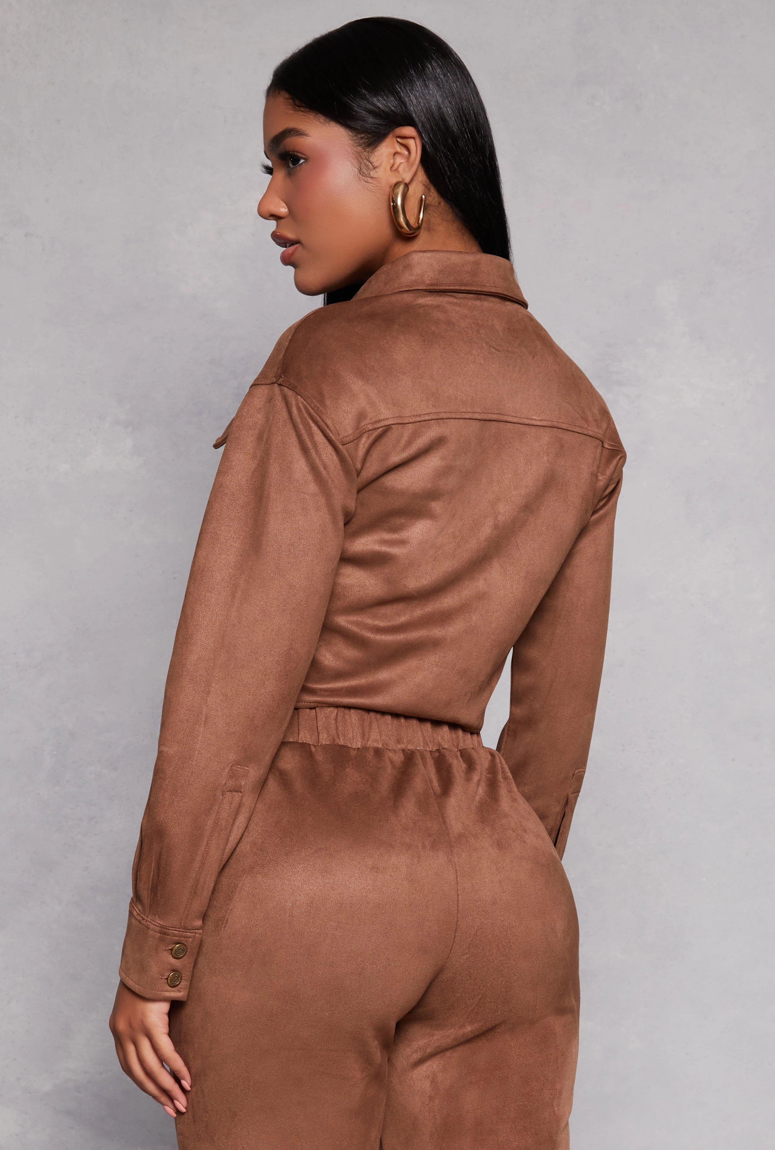 Cuffed Faux Suede Cropped Shirt