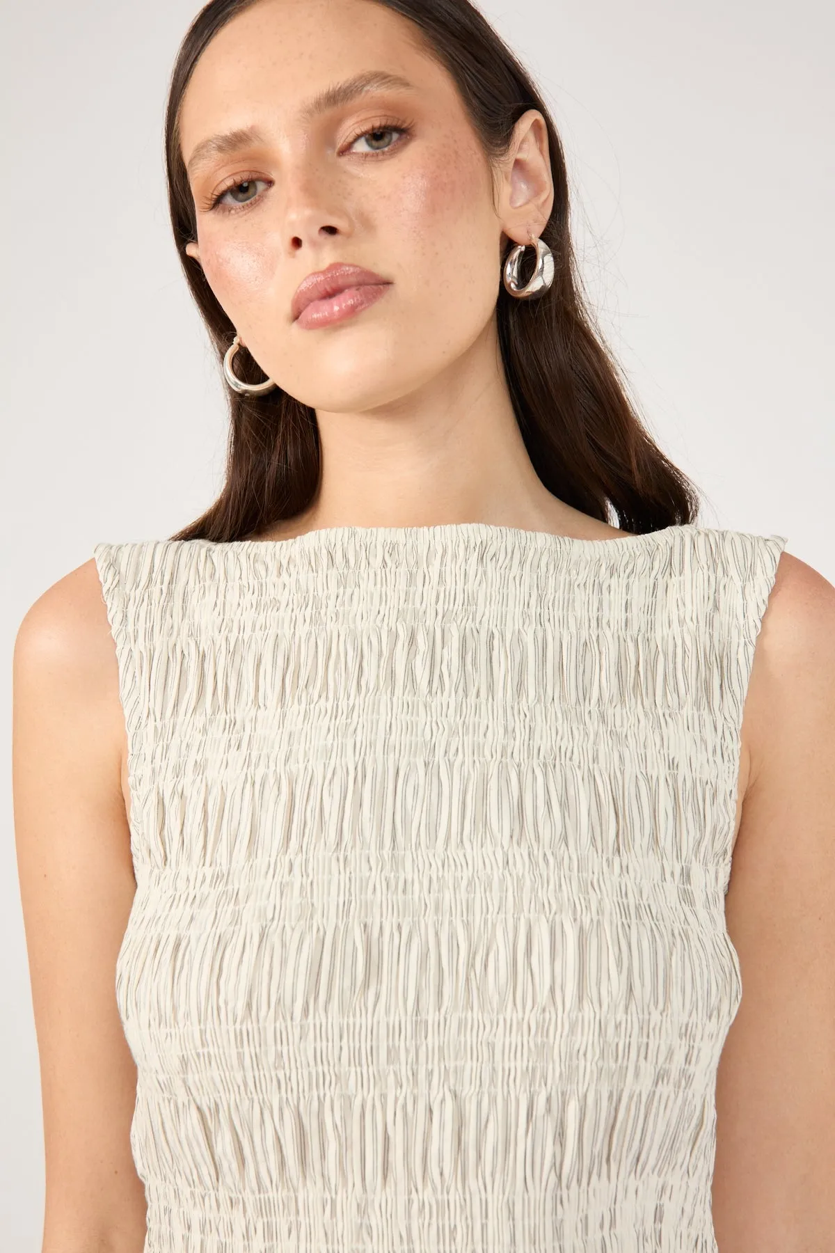 Perfect Stranger Shirred High Neck Mini Dress White Stripe Casual weekend dress