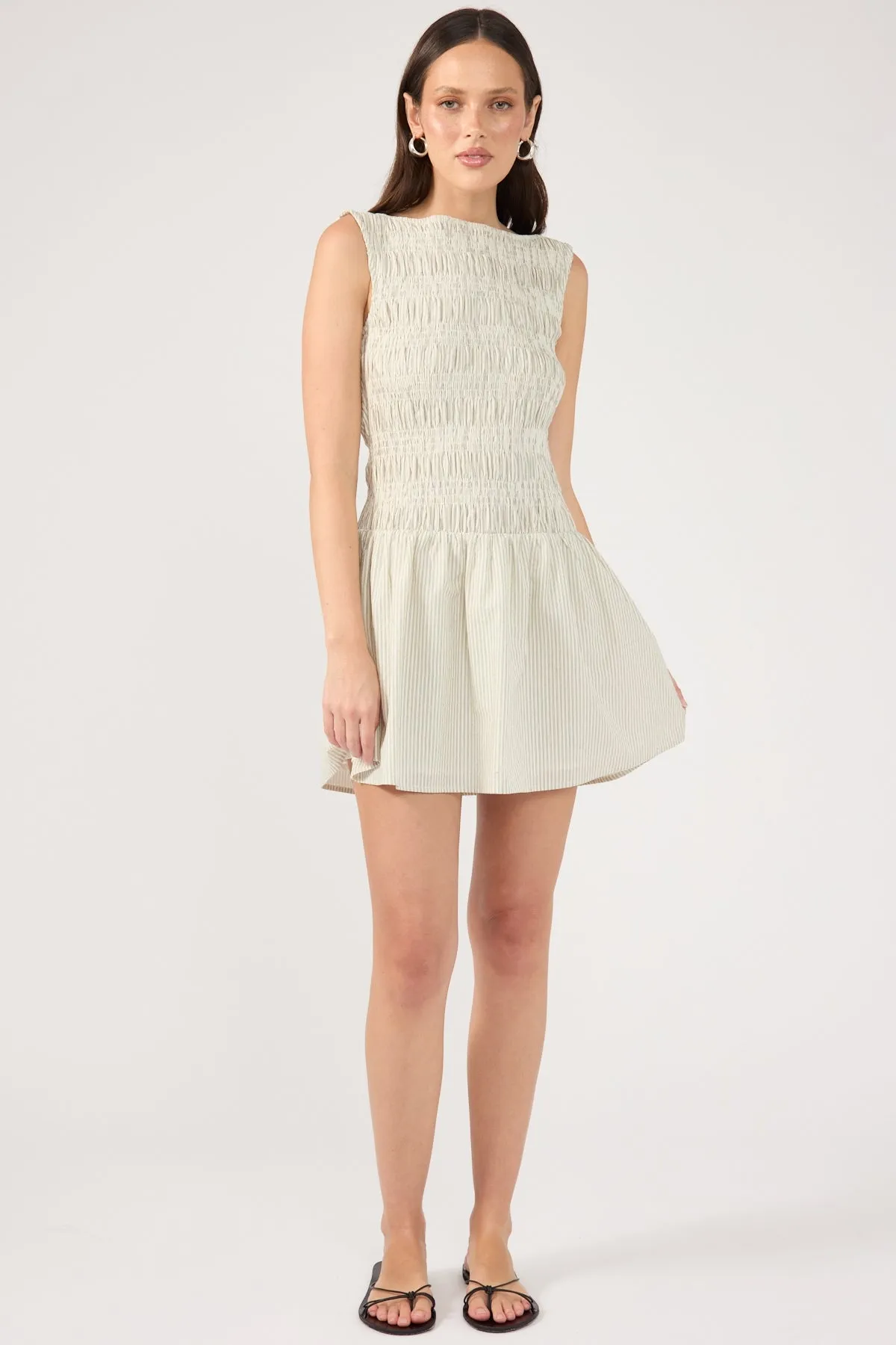 Perfect Stranger Shirred High Neck Mini Dress White Stripe Elegant Layering