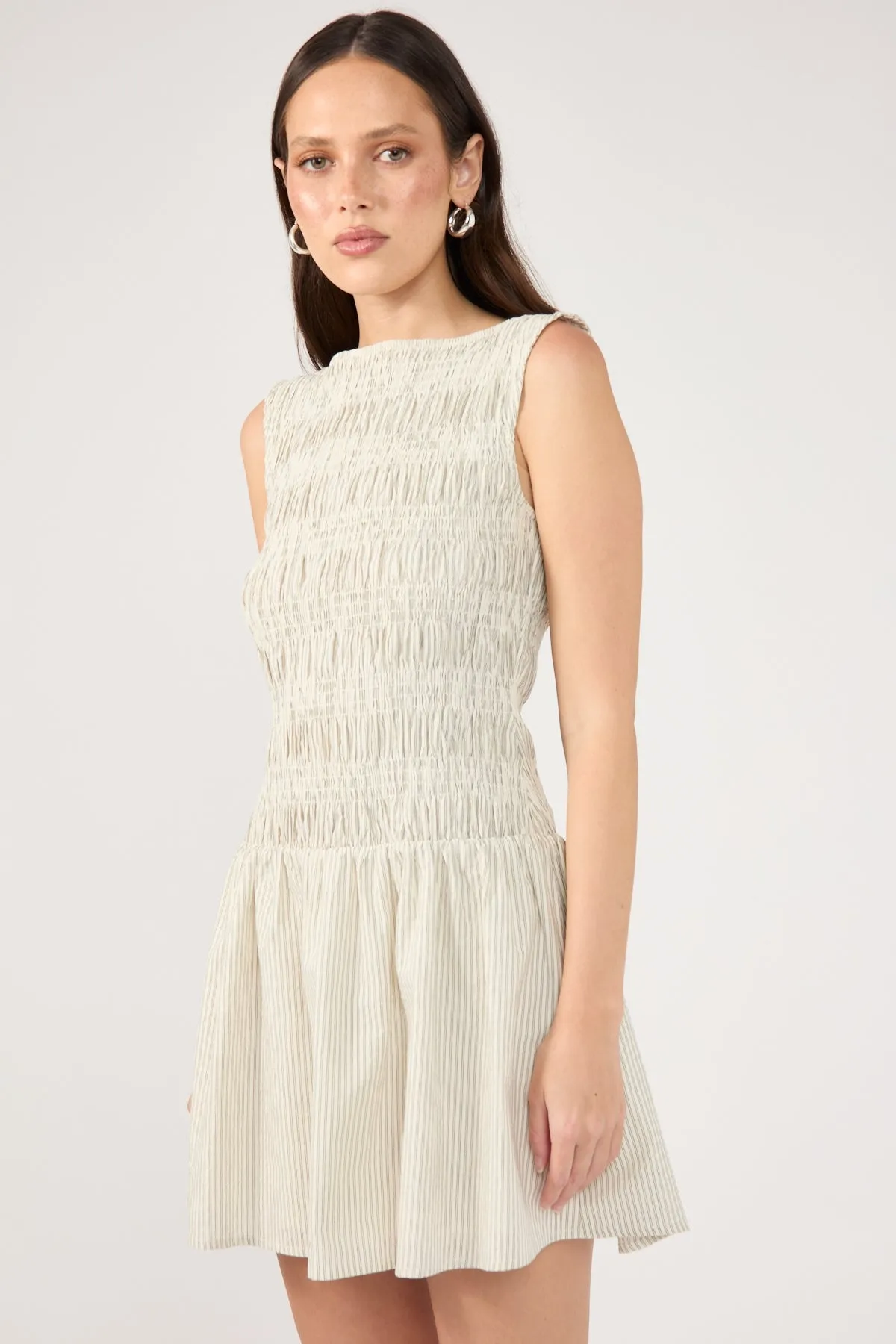 Perfect Stranger Shirred High Neck Mini Dress White Stripe Light Appeal Lower Hem