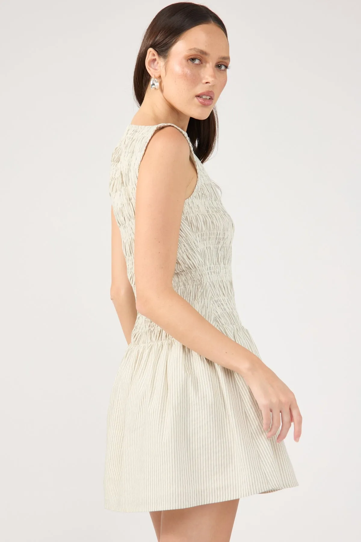 Coral Soft Color Pop Perfect Stranger Shirred High Neck Mini Dress White Stripe