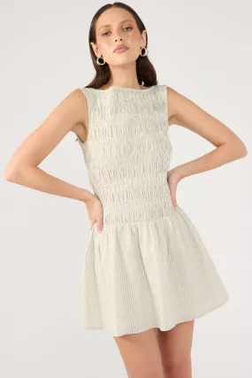 Midi-Length Perfect Stranger Shirred High Neck Mini Dress White Stripe