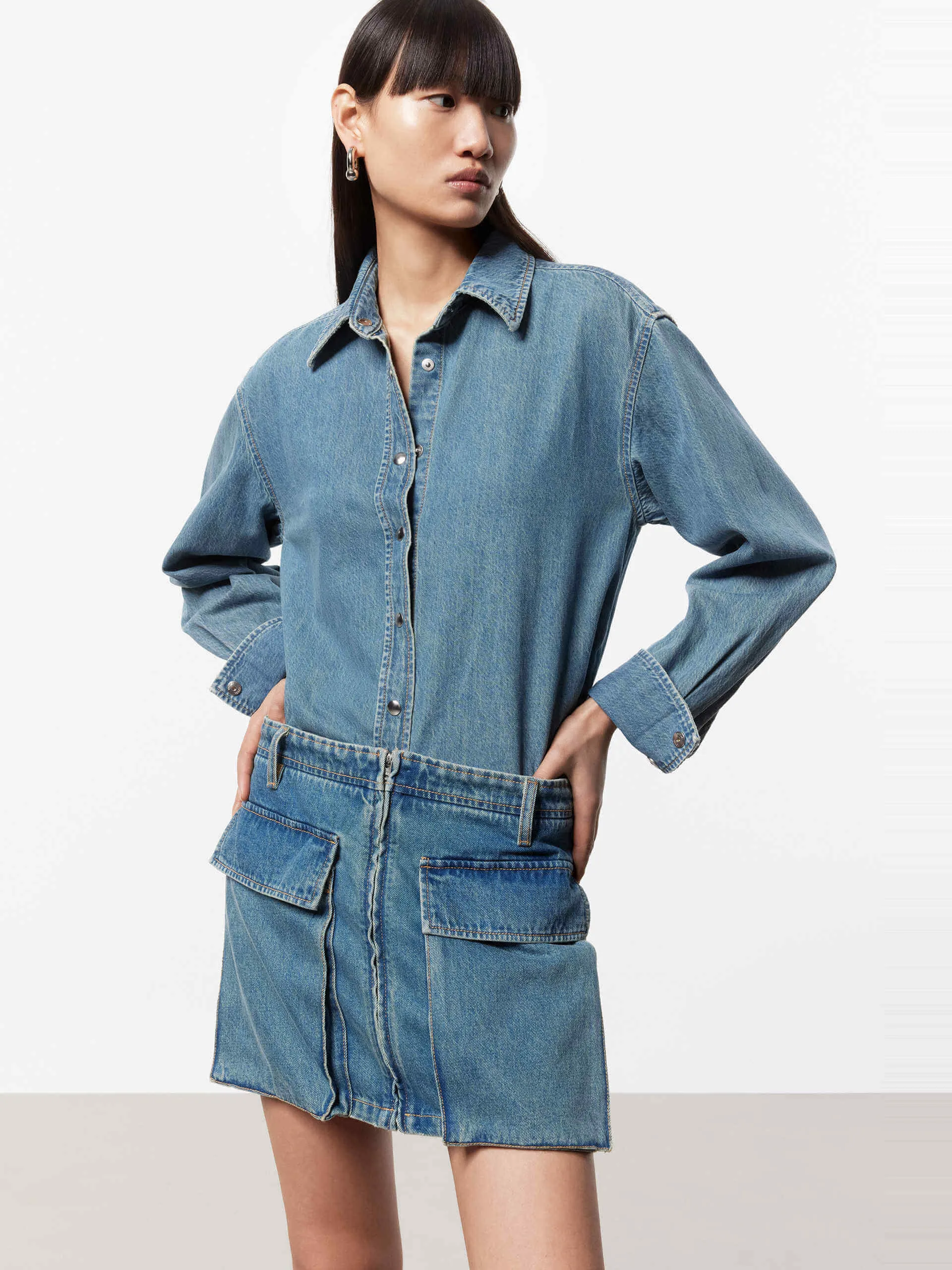 Long Sleeve Mini Dress Pure Color Timeless Cut