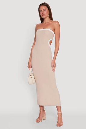 Flattering Comfort Wear Cozy Texture Contrast Trim Cut Out Back Tube Dress