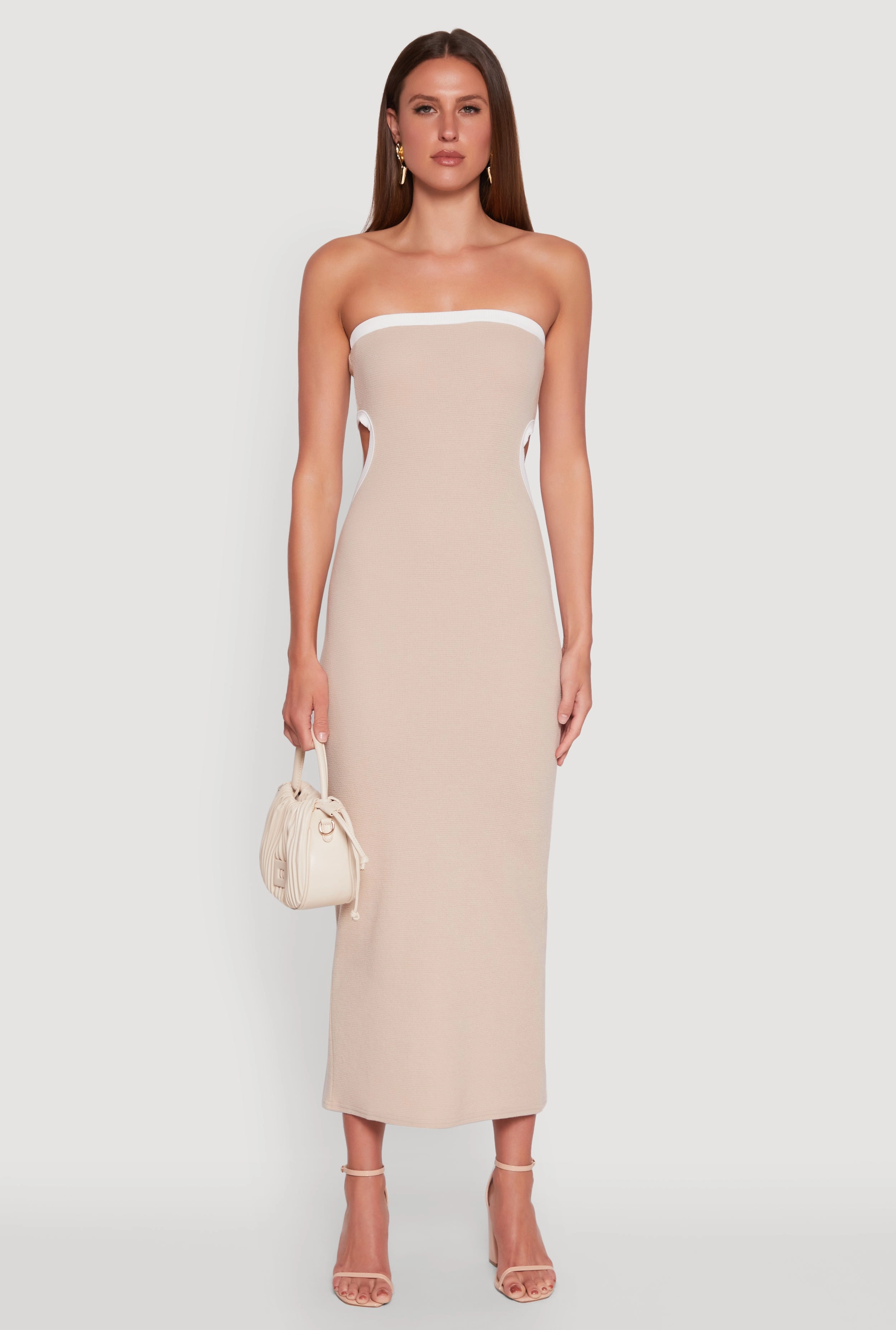 Neutral-Shade Contrast Trim Cut Out Back Tube Dress