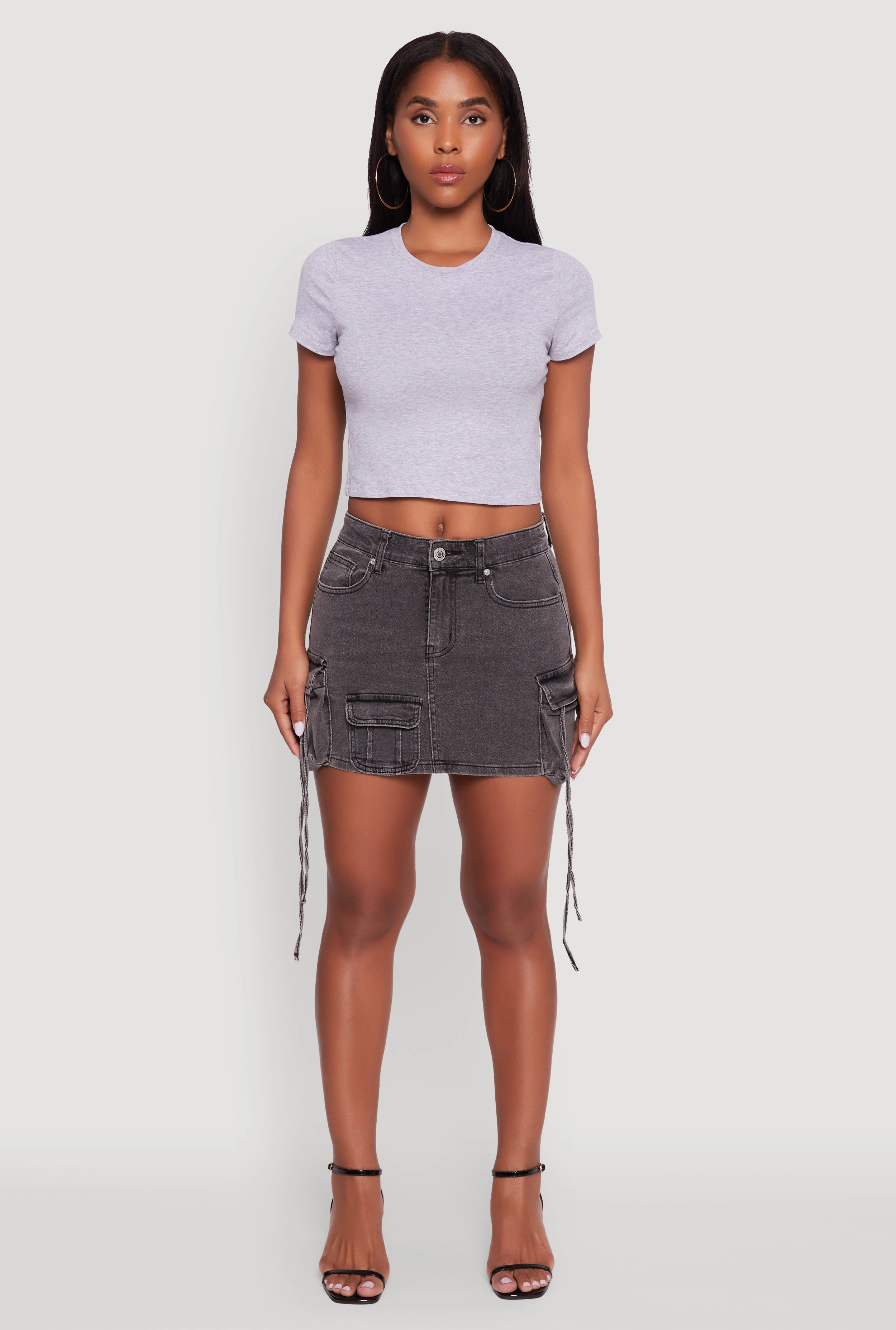 Trendy Mid Rise Mini Denim Skirt with Cargo Pockets Signature Line