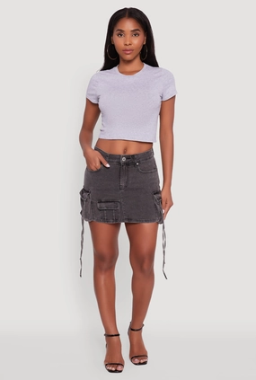 Trendy Mid Rise Mini Denim Skirt with Cargo Pockets Silicone Grip Trim
