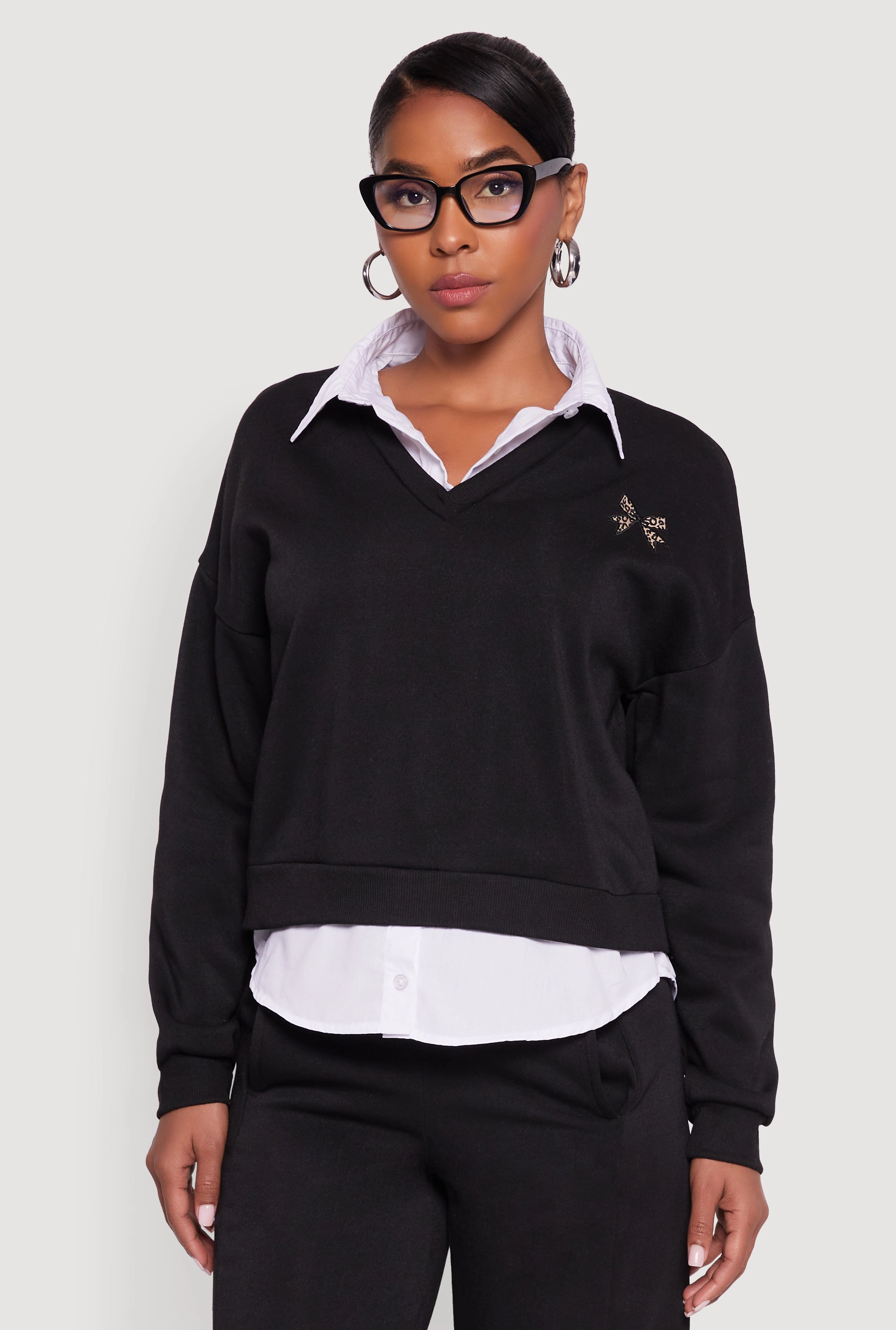 Warm Graphic Detail Layered Look Shirt Collar Sweatshirt