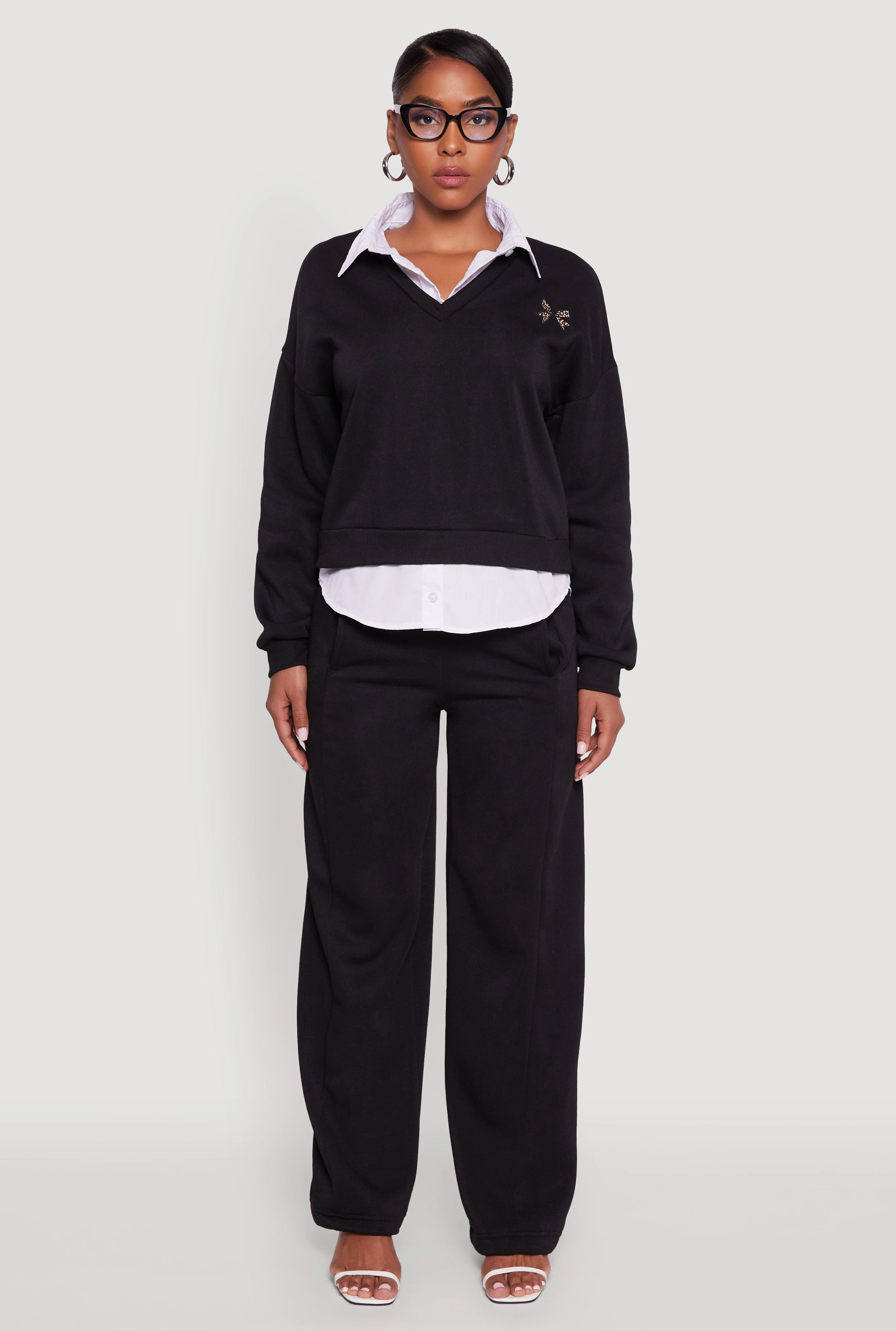 Graphic Detail Layered Look Shirt Collar Sweatshirt Abrasion resistant Yoga - wear