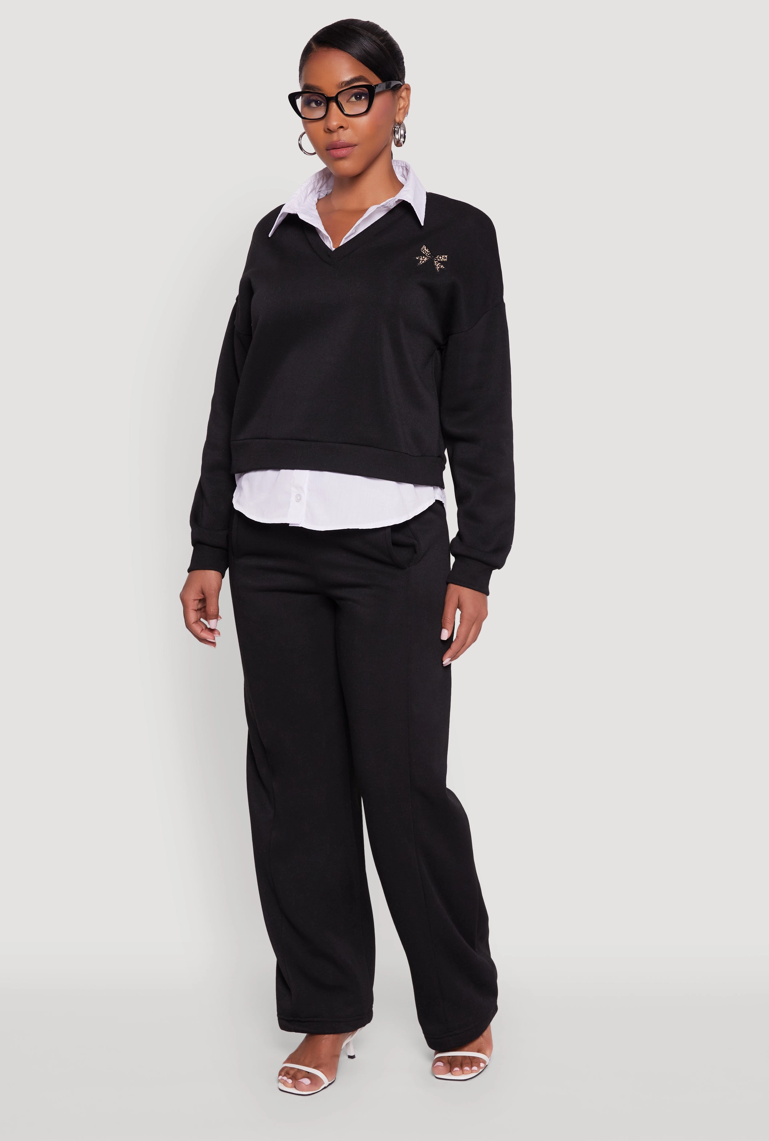 Graphic Detail Layered Look Shirt Collar Sweatshirt Business Meeting