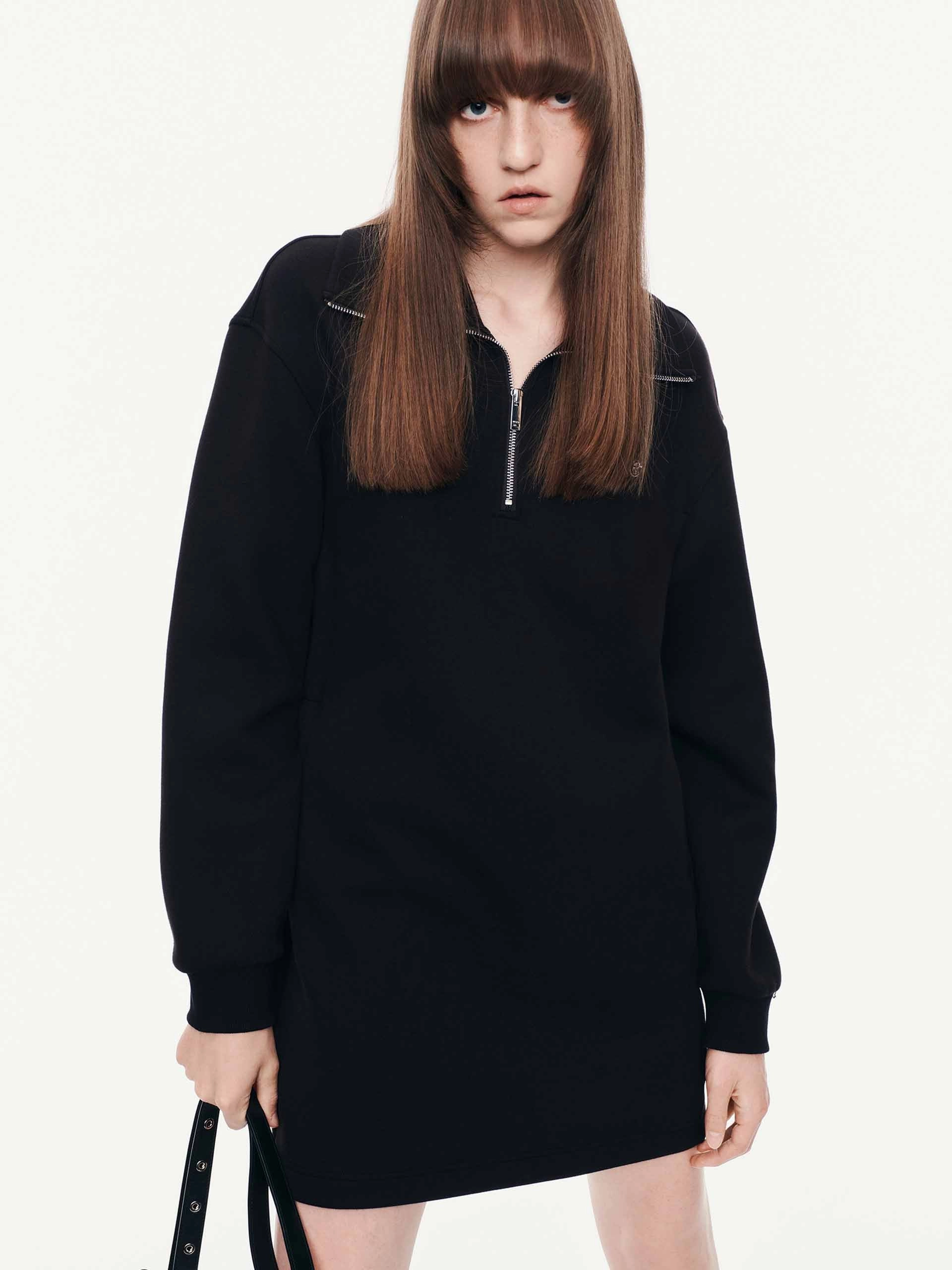 Half Zipper Jumper Dress Layered-Sleeve Feminine Movement