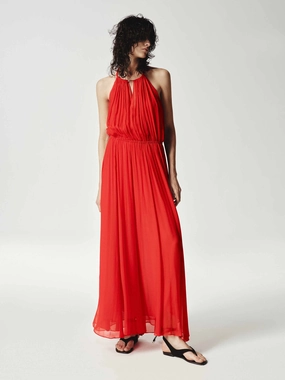 Statement-Print Shape Hug Halterneck Silk Dress