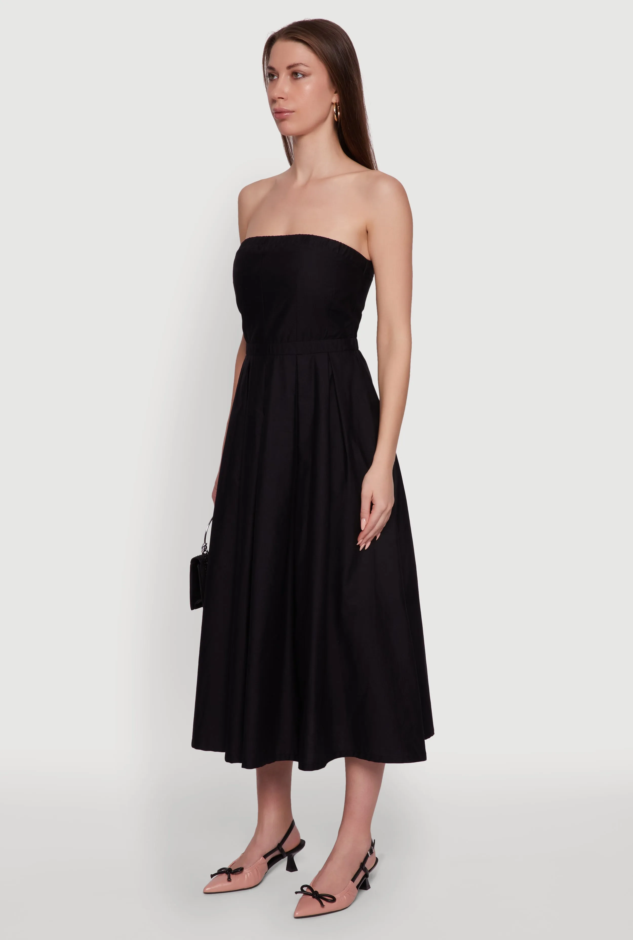 Lace Accent Party Safe Haute Monde Strapless Pleated Midi Dress with Zip Back