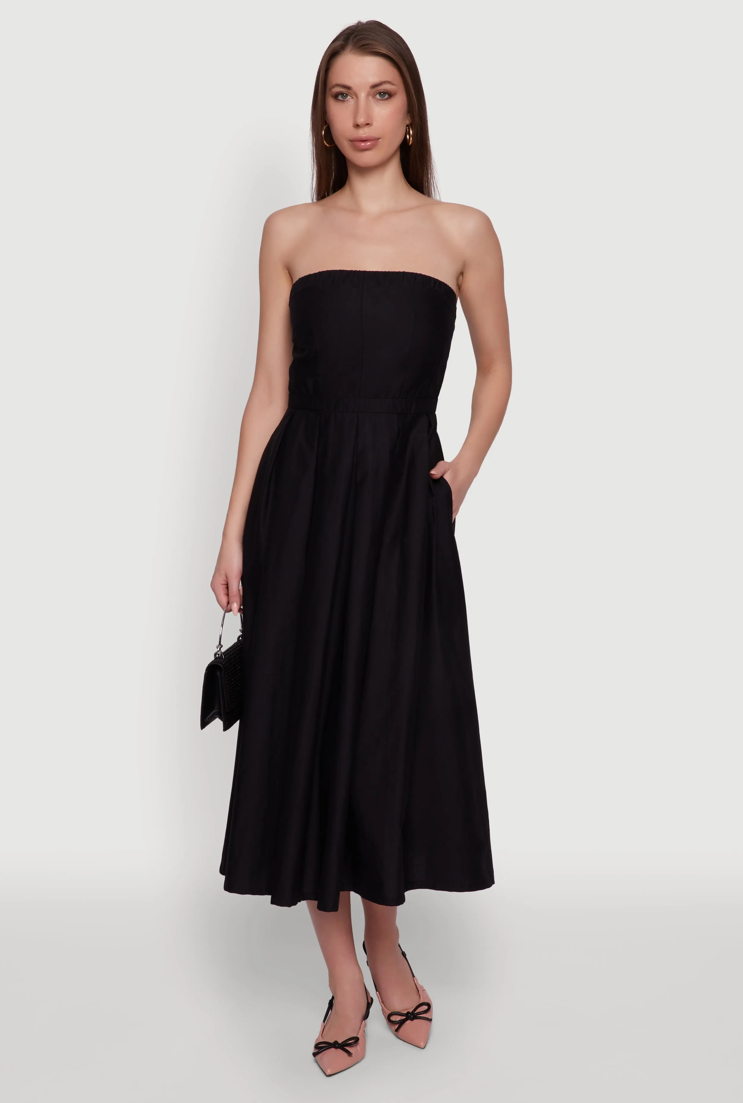 Haute Monde Strapless Pleated Midi Dress with Zip Back All Season Everyday Look