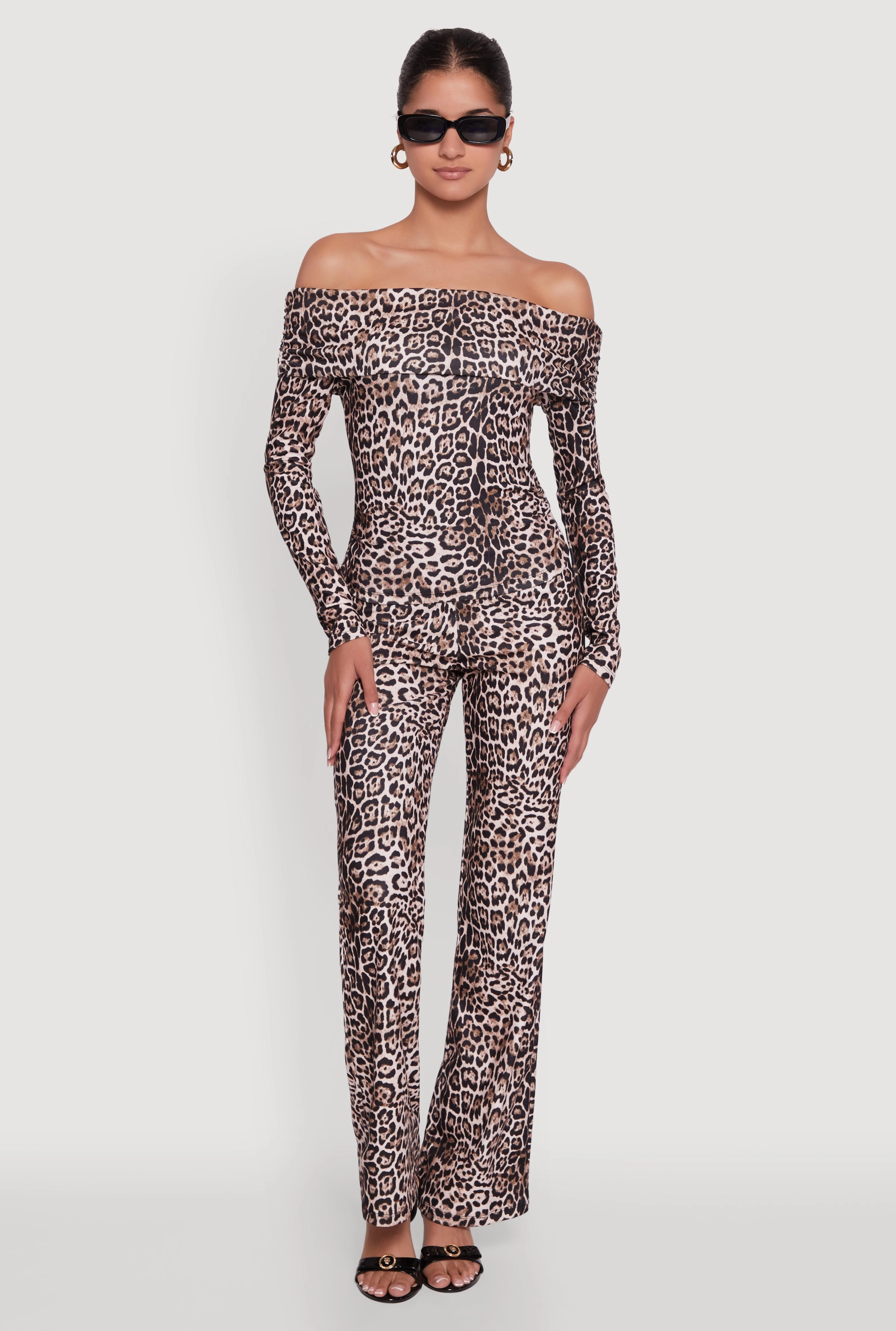 Haute Monde Jaguar Print Fold Over Off The Shoulder Top Painting Checked Pattern