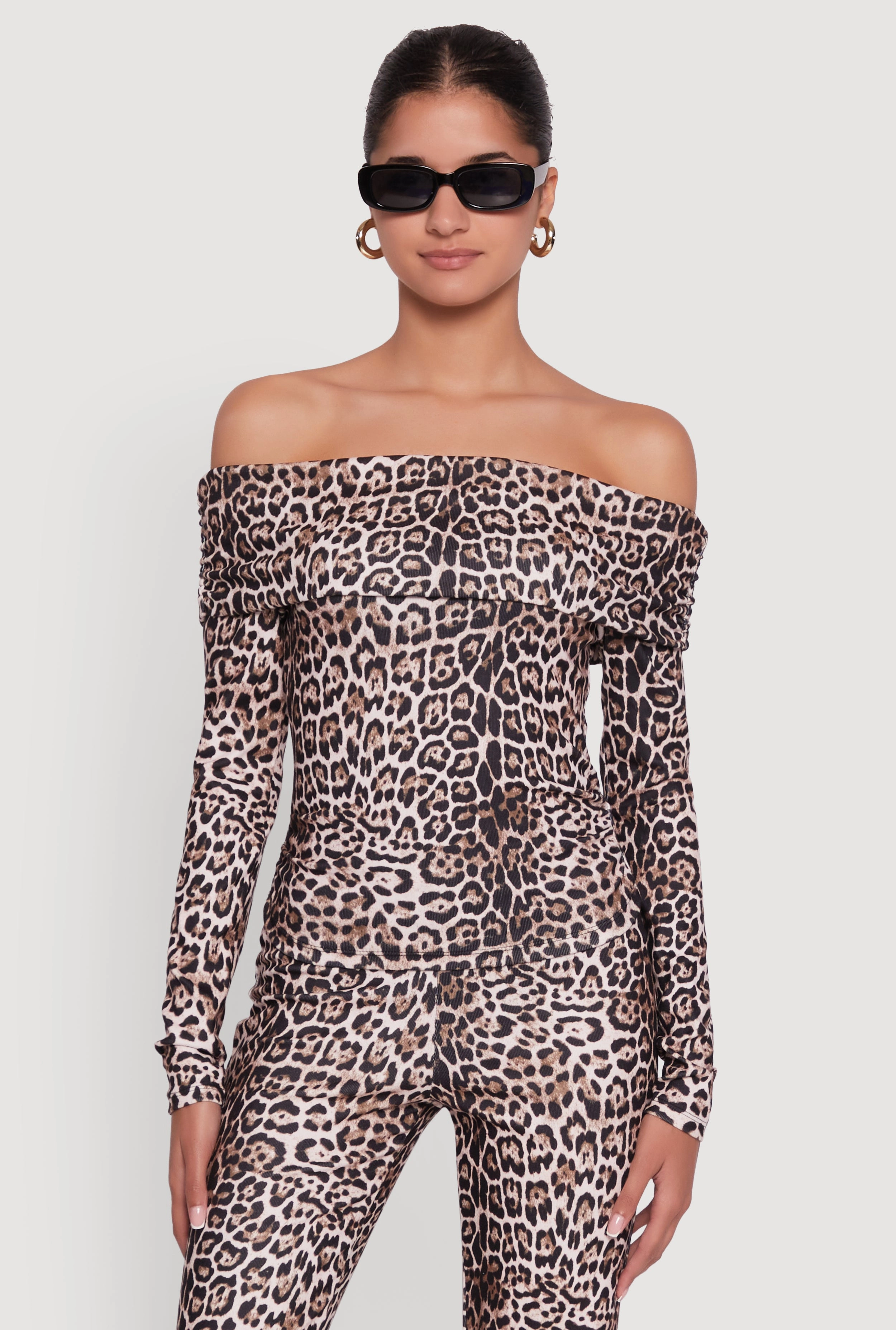 Haute Monde Jaguar Print Fold Over Off The Shoulder Top Forest trail
