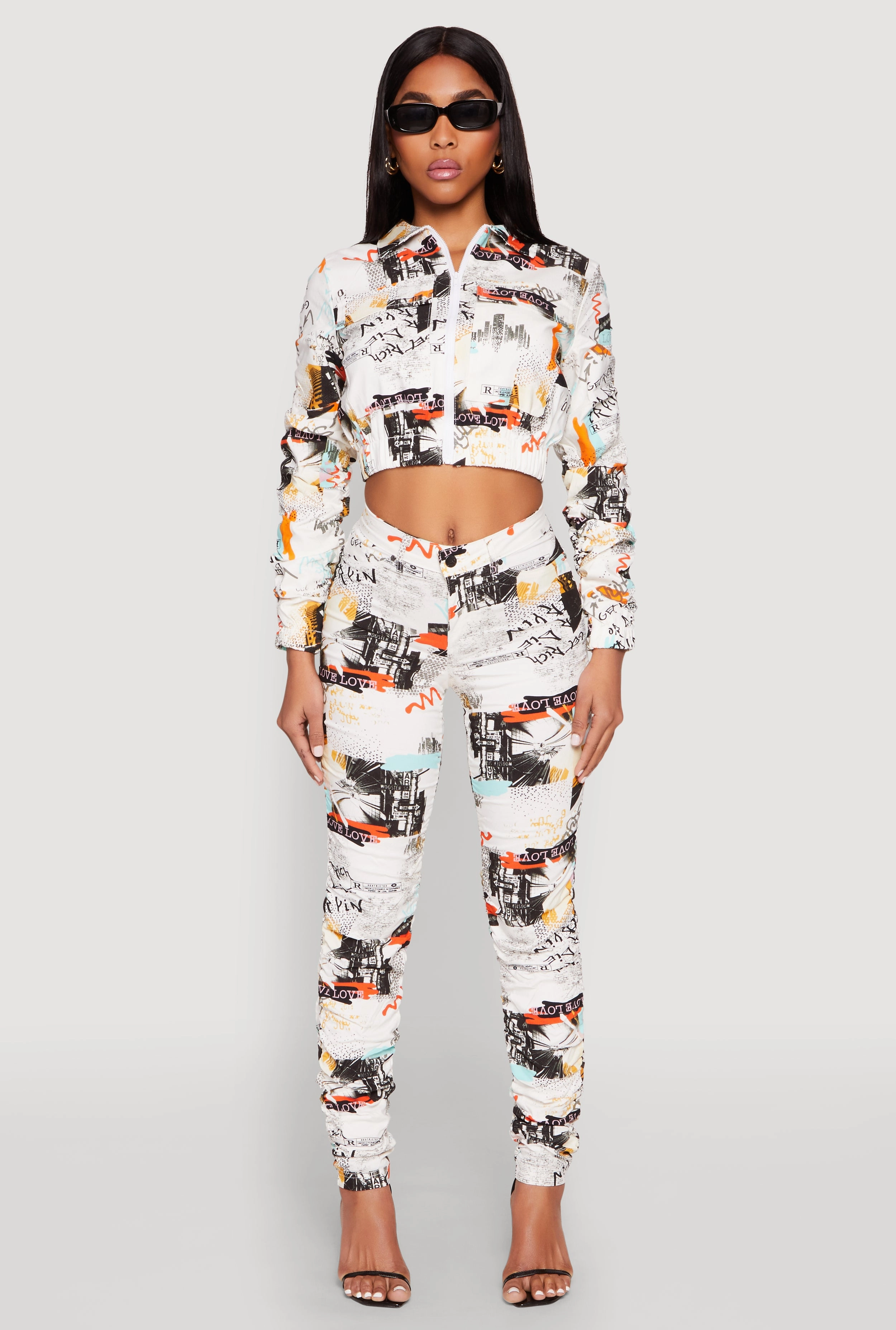 Printed Hyperstretch Ruched Sleeve Cropped Jacket Abrasion Resistant Edges