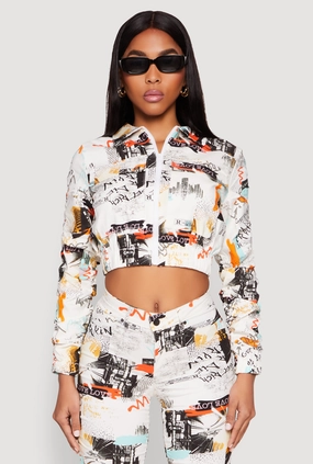 Printed Hyperstretch Ruched Sleeve Cropped Jacket Comfy Layers Long Length