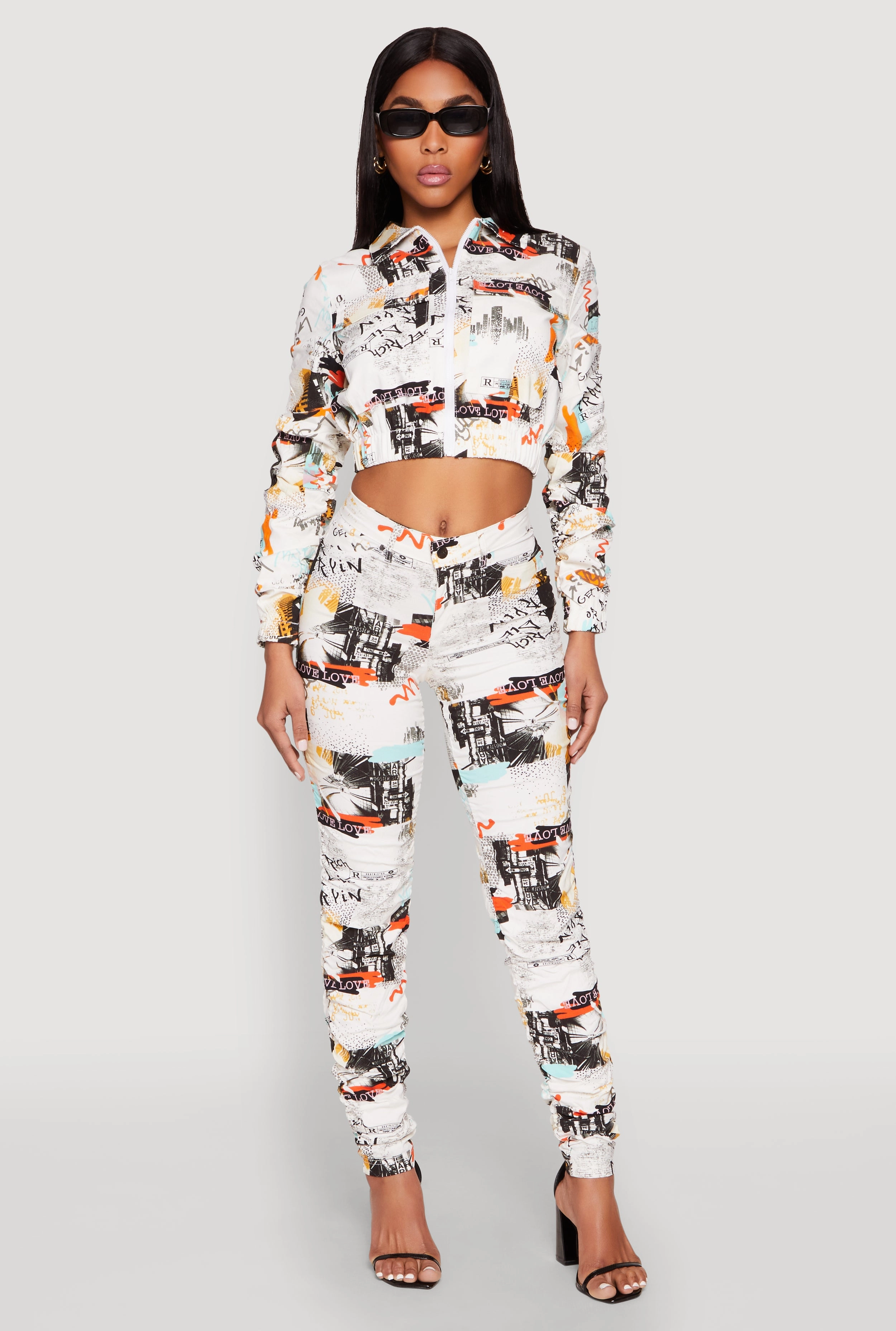 Compression Fit Printed Hyperstretch Ruched Sleeve Cropped Jacket
