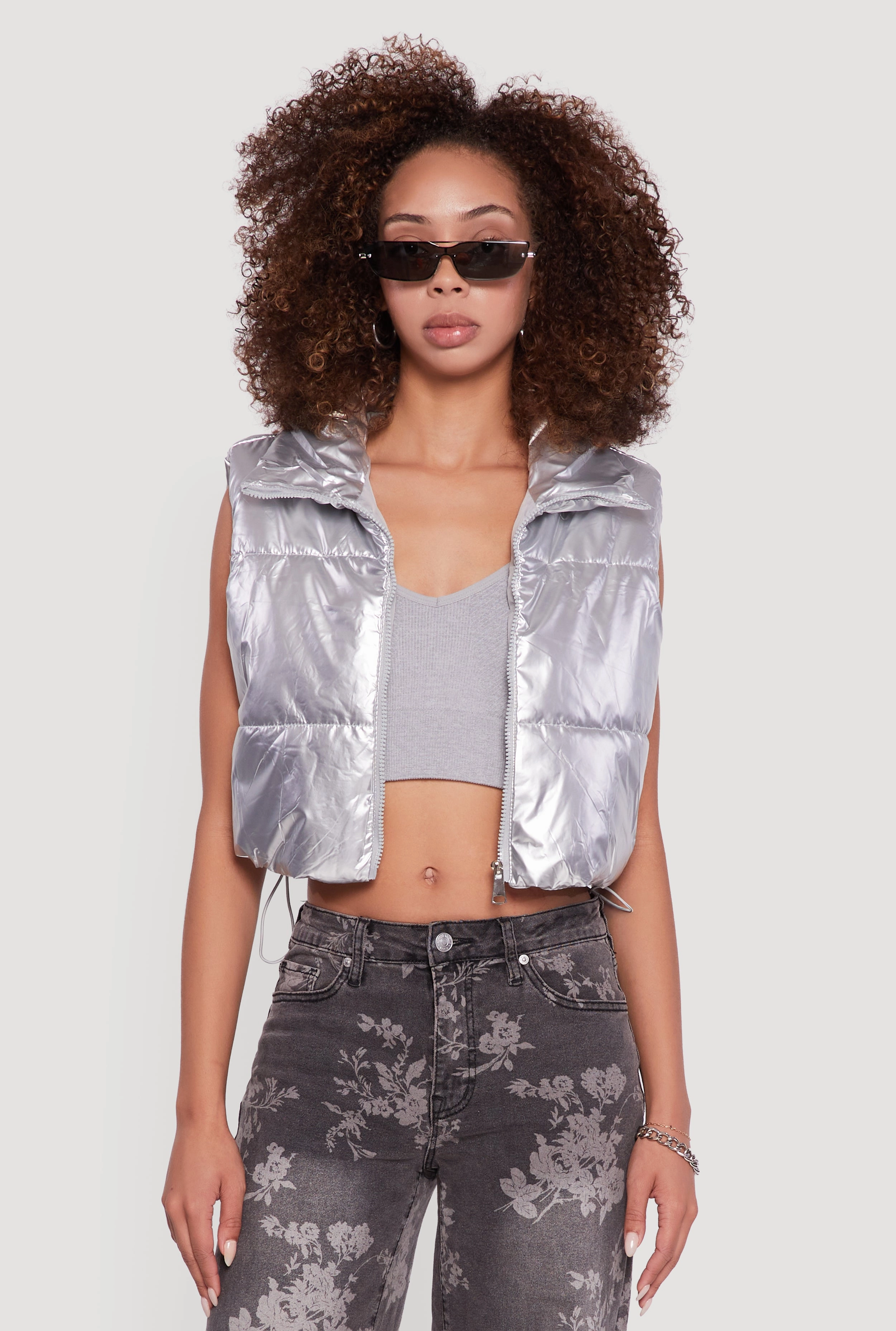 Zip Pockets Changeable Style Drawstring Hem Cropped Zip Front Puffer Vest