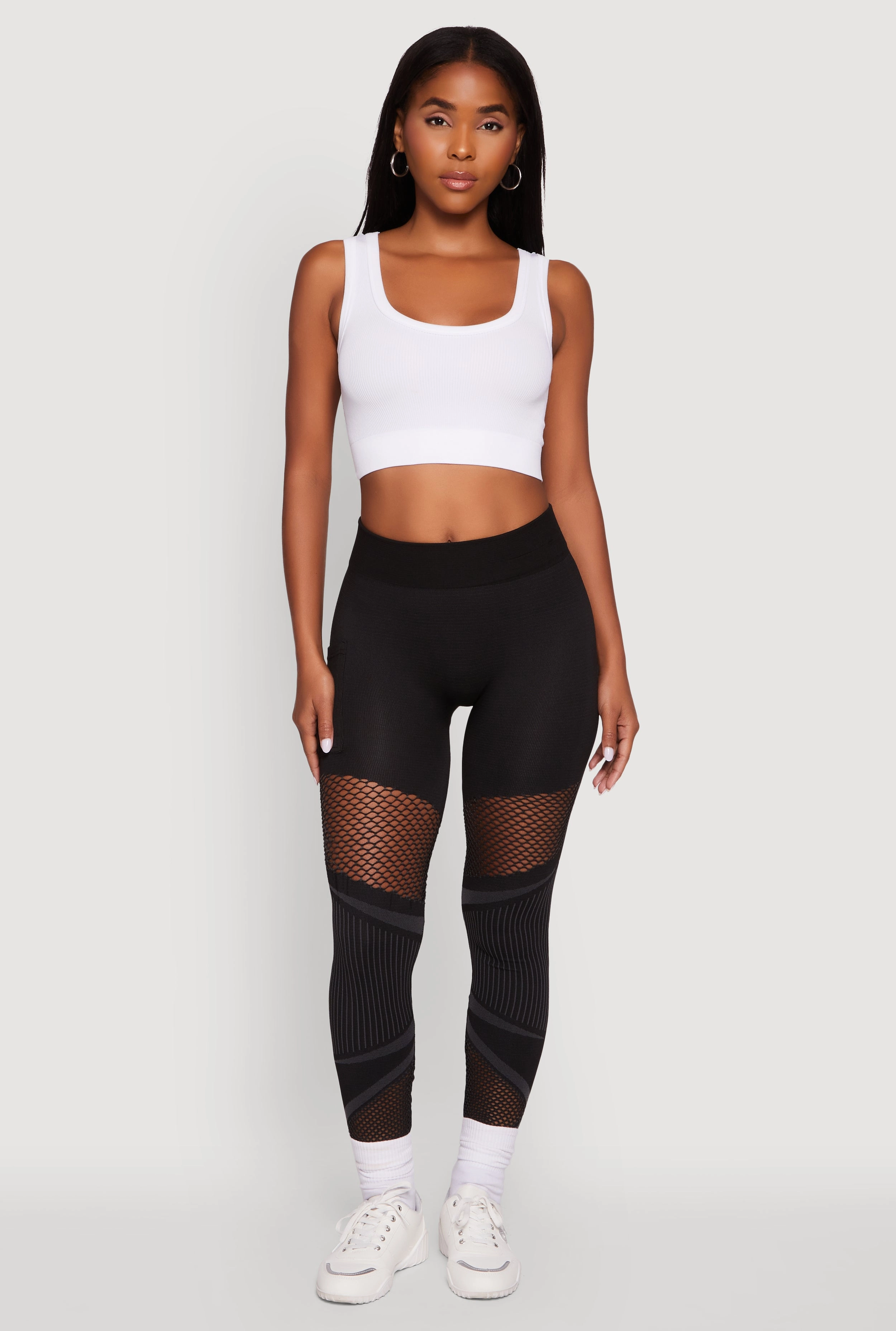 High Waisted Fishnet Detail Cell Phone Pocket Leggings Holiday Outfit Eco Friendly Skin Fit