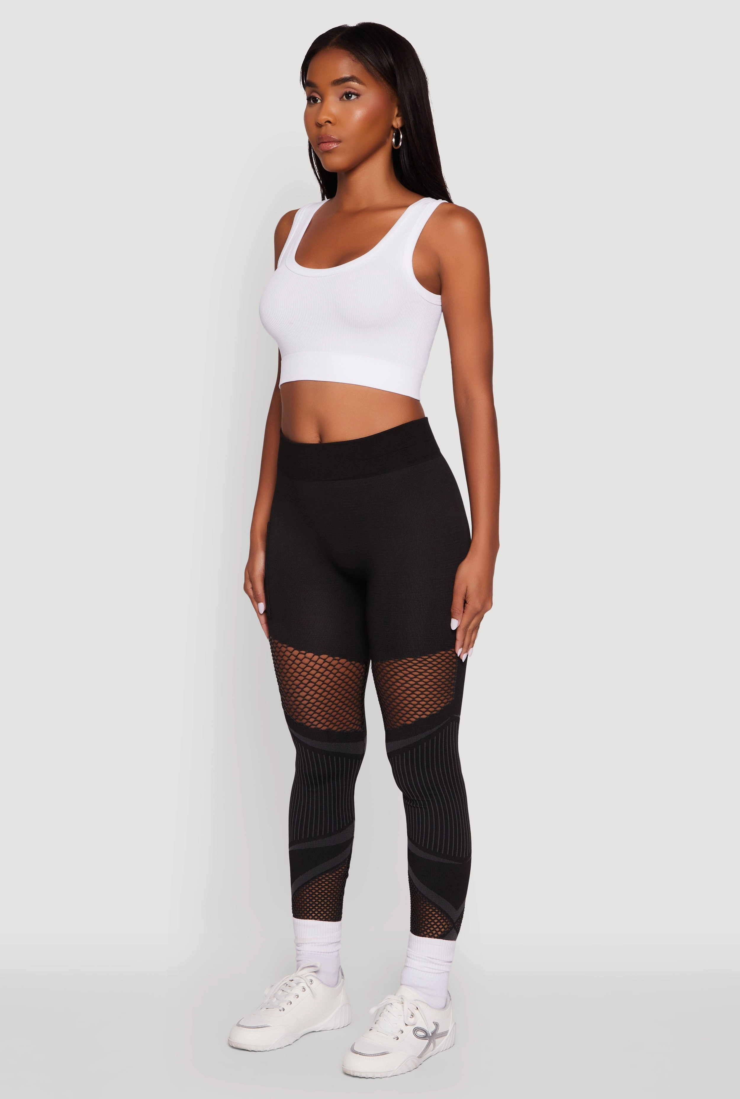 High Waisted Fishnet Detail Cell Phone Pocket Leggings Stylish Basic Sculpted Fit