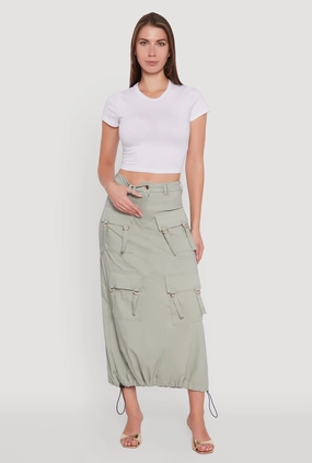 Ankle length High Waisted Solid Maxi Skirt with Cargo Pockets