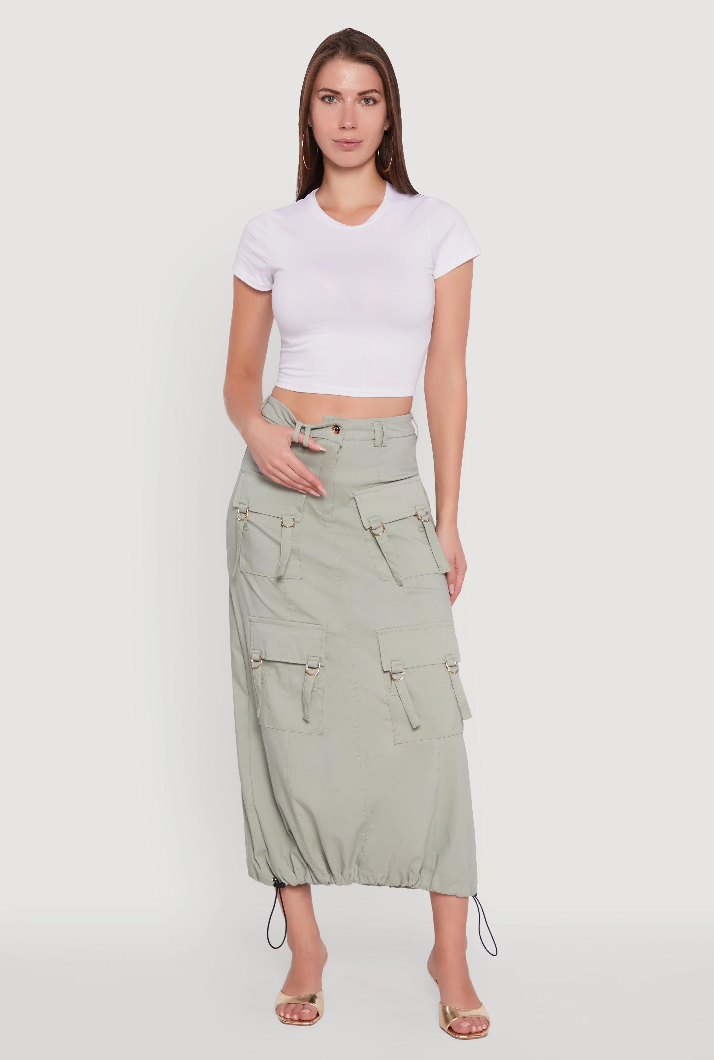 Ankle length High Waisted Solid Maxi Skirt with Cargo Pockets