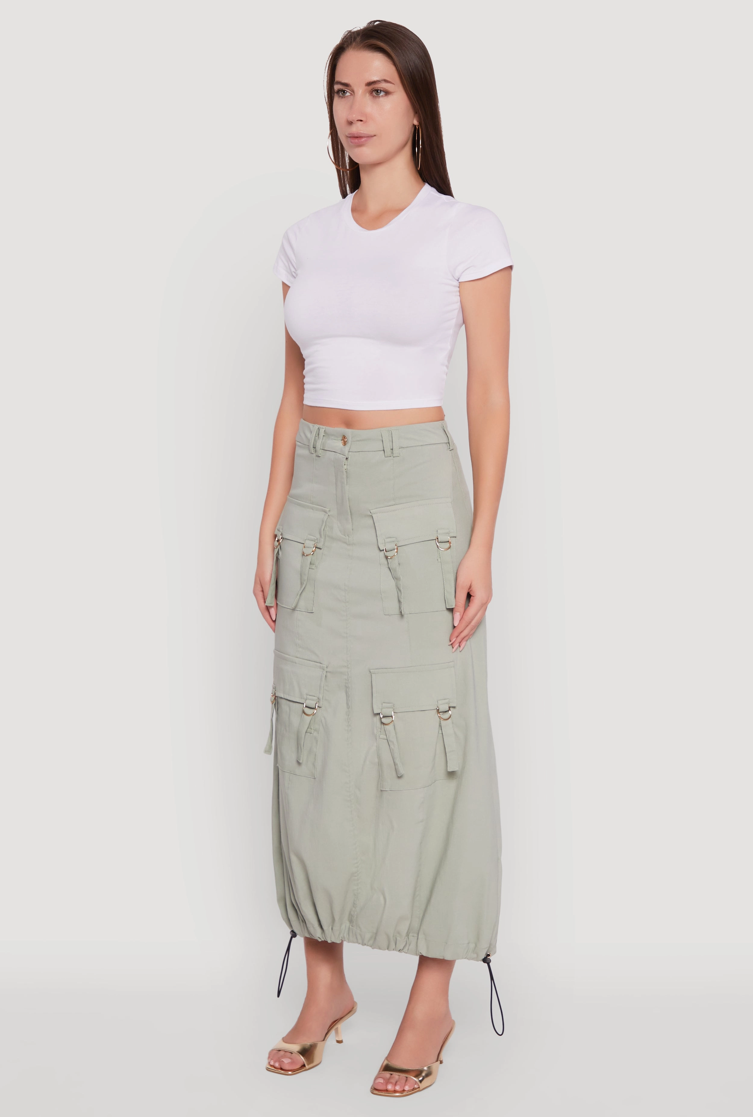 Soft Mood High Waisted Solid Maxi Skirt with Cargo Pockets