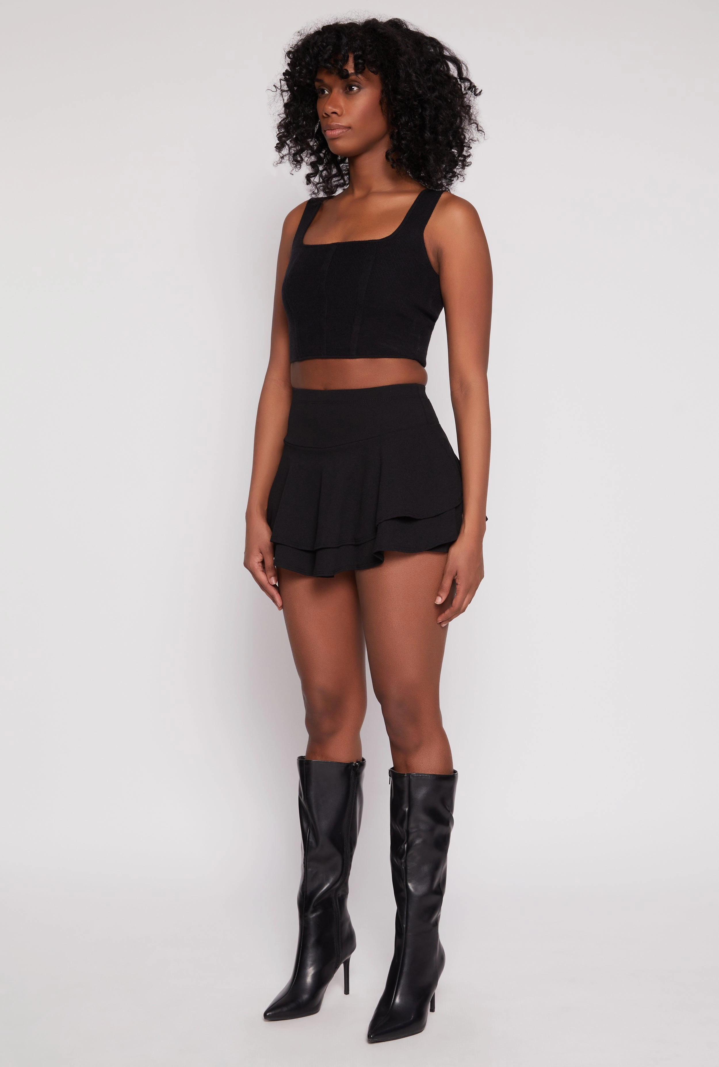 High Waisted Tiered Skort Linen Cotton Mix City Wear